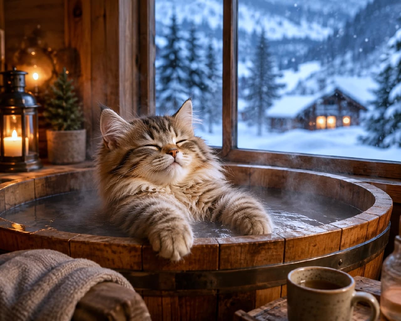 「「はぁ〜、極楽ニャ…♨️」雪景色を見ながらの温泉気分。見ているだけで心温まる冬の癒しタイム❄️🐈 #温泉猫 #冬の過ごし方」Ultra-realistic high-quality photograph of a fluffy tabby Siberian kitten relaxing in a steaming wooden hot tub, resting its paws on the rim with its eyes blissfully closed. The cozy cabin interior features a glowing candle lantern and a large window revealing a snowy winter landscape with pine trees and a warm lit cabin in the distance. 湯気が立ち上る木製の樽風呂に浸かり、気持ちよさそうに目を閉じてくつろぐサイベリアン風の長毛キジトラ子猫。前足を樽の縁に乗せ、完全にリラックスした至福の表情を浮かべています。背景には雪景色の窓、あたたかなキャンドルが入ったランタン、素朴な木の壁面が配置され、冬のロッジの暖かくノスタルジックな情景が描かれています