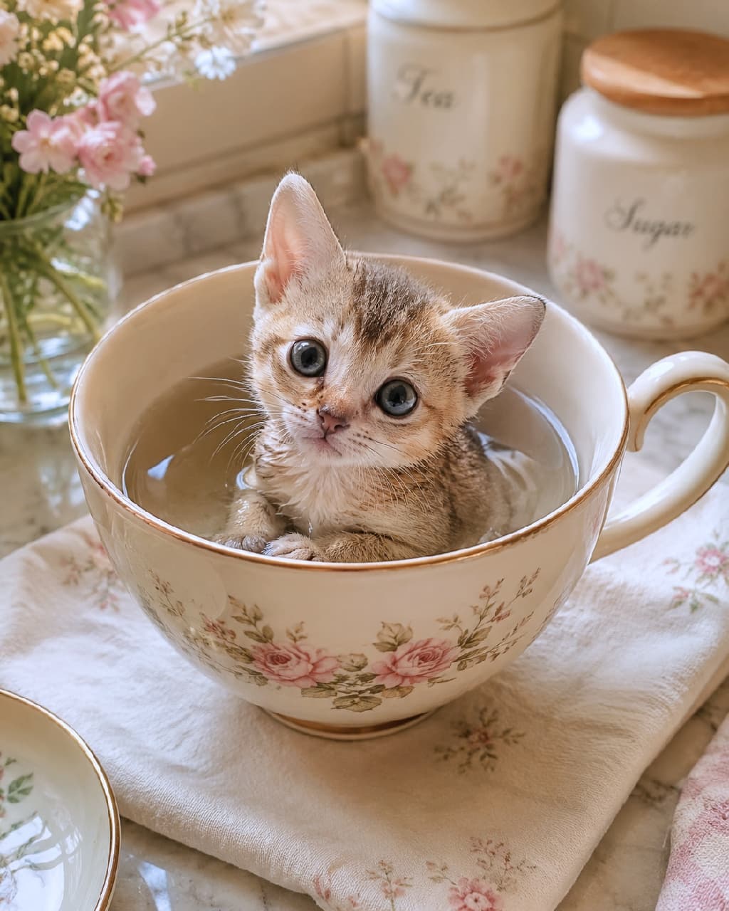 「ティーカップ・バスタイム☕️🌸 まるで絵本の中から飛び出してきたような可愛さに、キュン死確定です💘 #シンガプーラ #ティーカップ猫」Ultra-realistic high-quality photograph of a tiny Singapura kitten taking a bath inside a vintage floral teacup. The soft natural lighting, cottagecore background, and the kitten's large pleading eyes create a highly aesthetic fairy-tale scene. アンティーク調の美しい花柄のティーカップに張られたお湯にちょこんと浸かる、シンガプーラ風の小さな子猫。ティッキングの入った被毛と大きな耳、見上げるようなウルウルの大きな瞳が愛らしく、背景の淡いピンクの花やキャニスターがメルヘンチックな世界観を完成させています