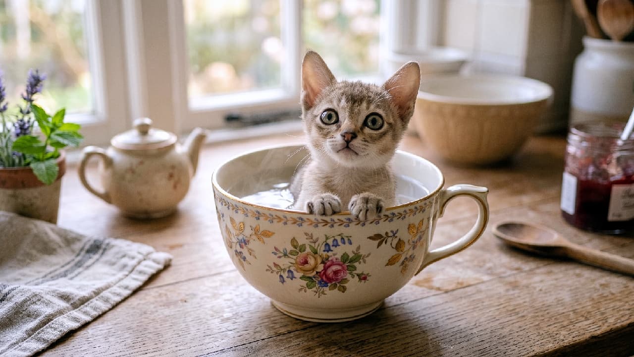 「え、これってお湯じゃないの？☕️💦 好奇心旺盛な小さな冒険家、ティーカップ・バスタイム！このウルウルした表情、反則級に可愛すぎます💘 #シンガプーラ #カテッジコア #猫スタグラム」Ultra-realistic high-quality photograph of a tiny Singapura kitten taking a bath in a vintage floral teacup, leaning over the rim with front paws on a rustic kitchen counter with a cottagecore background and soft natural lighting. 暖かな自然光が差すカテッジコアなキッチンで、アンティーク調の花柄ティーカップのお湯に浸かるシンガプーラ風の子猫。縁に両前足を乗せて身を乗り出し、セピアティッキングの濡れた被毛と大きな瞳が印象的。背景にはハーブや陶器、ジャム瓶などの生活雑貨が並んでいます