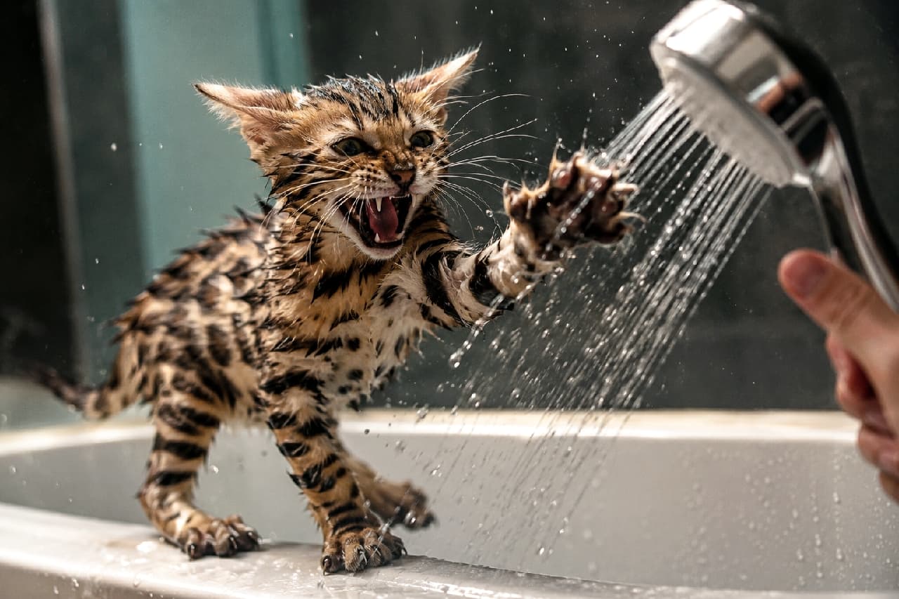 「シャワーなんて怖くないにゃー！🚿🔥お水と全力でバトルするワイルドなベンガル子猫🐾 #ベンガル猫 #おもしろ猫 #子猫の日常 #猫のいる暮らし #お風呂猫」Ultra-realistic high-quality photograph of a fully wet Bengal kitten with leopard rosettes fighting the water from a showerhead. The kitten has its mouth open aggressively and paw extended, captured with dramatic lighting and dynamic splashing water against a dark background. 豹柄のロゼット模様が特徴的なベンガルの子猫が、全身ずぶ濡れになりながらシャワーヘッドから出る水に向かって前足を伸ばし、大きく口を開けて激しく戦っているダイナミックな瞬間。背景のダークな色調と水しぶきのコントラストが劇的