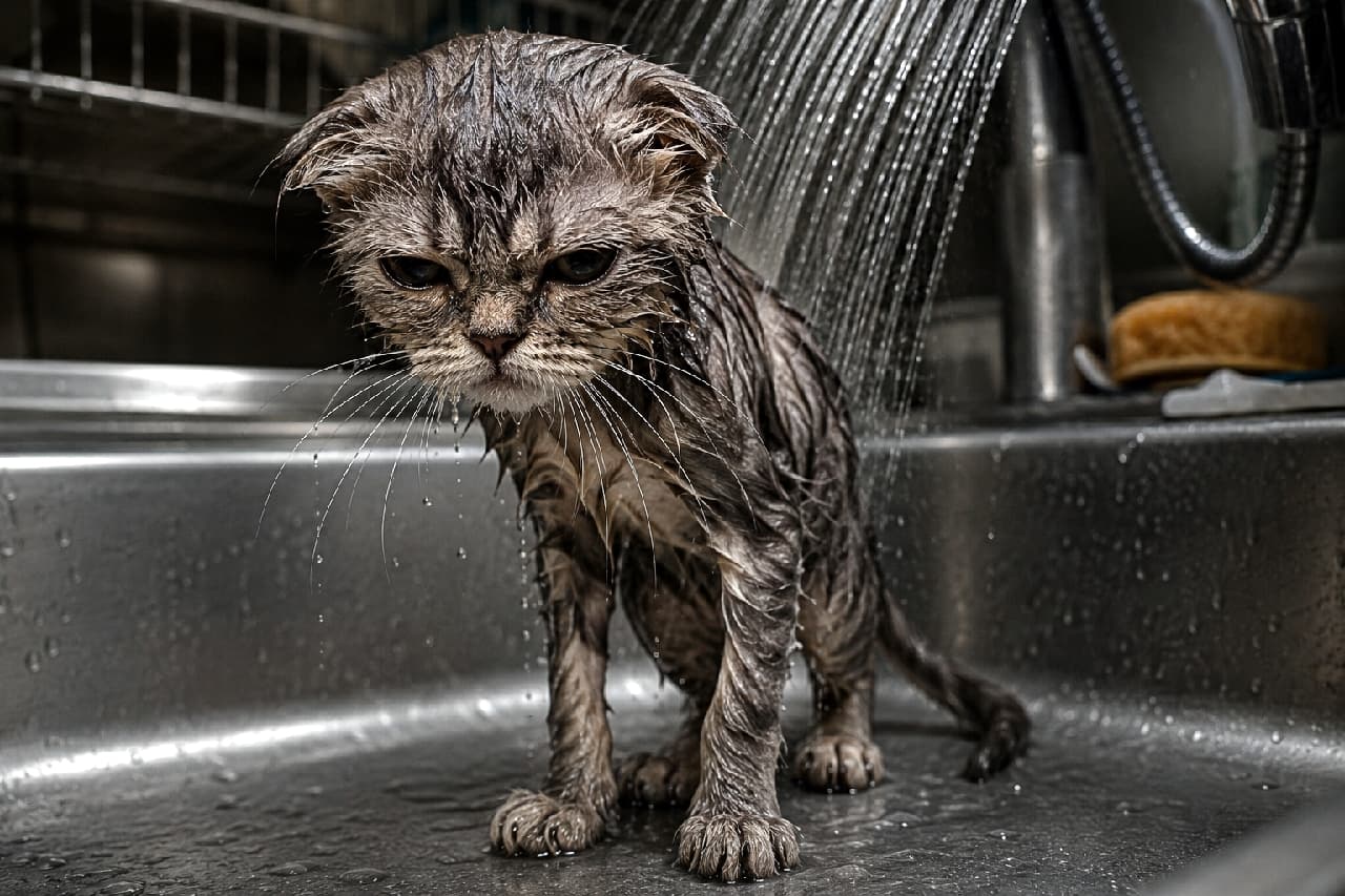 「「…早く終わらせてにゃ😿」お風呂はちょっと苦手？しょんぼりお顔も愛おしすぎるずぶ濡れ子猫💧 #お風呂嫌い #猫の気持ち」Ultra-realistic high-quality photograph of a soaking wet, grumpy-looking Scottish Fold kitten standing in a stainless steel kitchen sink under a running shower. Water droplets hang from its whiskers, enhanced by dark, cinematic lighting and an industrial background. ステンレス製のキッチンシンクで全身ずぶ濡れになり、少し不満げな表情を浮かべるスコティッシュフォールドの子猫。シャワーの冷たい水滴がヒゲから滴り落ちています。暗くインダストリアルな背景と、子猫の哀愁漂う姿がシネマティックな一枚