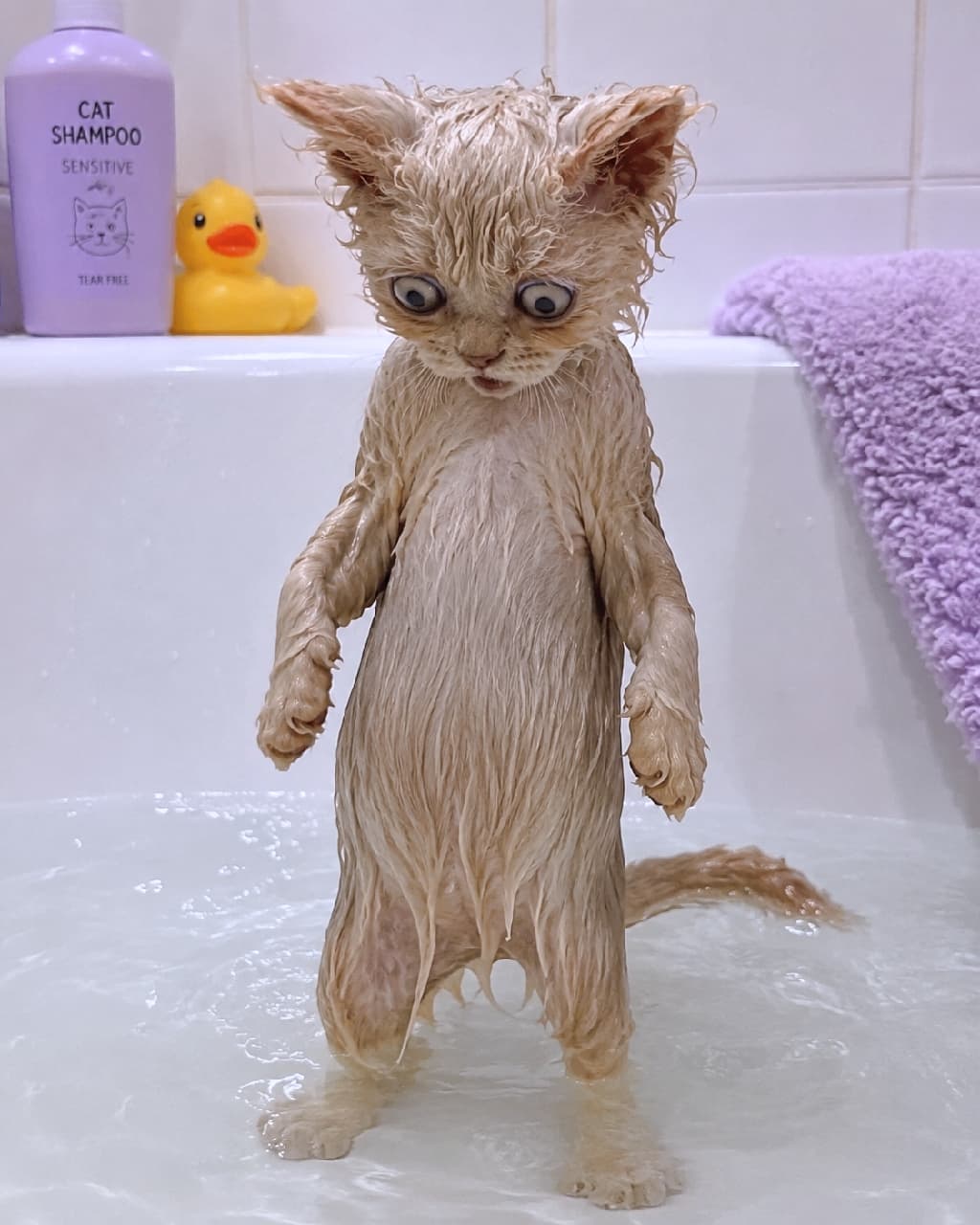 「「えっ、ボクこんなにスリムだったの！？」お風呂で別猫になっちゃった姿に爆笑😹💦 #お風呂猫 #びしょ濡れ #猫のいる暮らし」Ultra-realistic high-quality photograph of a thoroughly soaked Selkirk Rex kitten standing on its hind legs in a bathtub, looking down at the water with huge, surprised blue eyes, with a purple cat shampoo bottle and a rubber duck in the background. お風呂のお湯に浸かり、全身の被毛がびしょ濡れになったセルカークレックスの子猫が、二本足で立ち上がり水面を驚いたような大きな青い目で見つめているコミカルな姿。背景には紫色の猫用シャンプーボトルやタオル、黄色いアヒルが置かれています