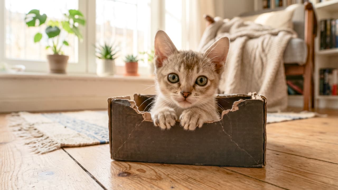 「小さな箱さえあれば大満足!「なにか用?」と箱から覗くシンガプーラの甘えん坊キッズ📦✨」An ultra-realistic high-quality photograph of a Singapura kitten peeking out with curious green-gold eyes from a small cardboard box on a wooden floor, illuminated by warm, soft natural sunlight with a shallow depth of field. 温かみのあるナチュラルな木目調のフローリングの上。使い古されたクラフト紙の小さな段ボール箱の中にすっぽりと入り、その縁に小さな前足をちょこんと掛けて顔を出す、シンガプーラの子猫。大きなアーモンド形のグリーンゴールドの瞳をキラキラと輝かせながら、好奇心旺盛に上方を頼もしげに見つめている。背景には柔らかな自然光が差し込み、美しい玉ボケ(ボケ味)が温かみのある部屋の居心地の良さを演出している、情緒豊かなワンカット