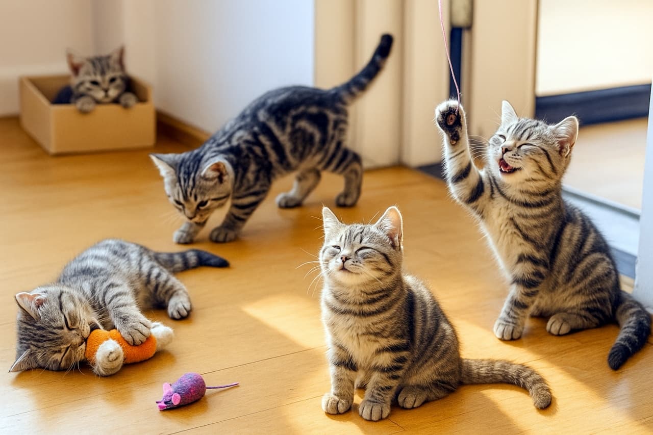 木の床に日差しが差し込む部屋で、6匹のタビー柄の子猫が遊んでいる。箱に入って休む子、紐に飛びつく子、床でおもちゃを抱える子、日向で目を閉じる子など、それぞれが違う仕草を見せている Six tabby kittens are playing in a sunlit room with wooden floors. One rests inside a box, another leaps at a string, another clutches a toy on the floor, and another closes its eyes in a warm patch of sunlight, each showing a different gesture.