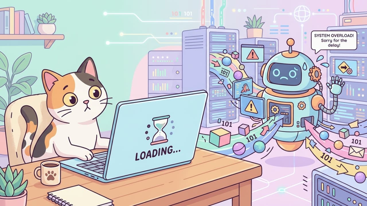 「「まだかにゃ…？⏳」三毛猫ちゃんも待ちぼうけ🐾 エラーや遅延の解説記事にぴったりな癒やしイラストです✨」A clean, modern flat illustration of a slightly confused calico cat looking at a laptop screen with a loading icon. In the pastel-colored background, an apologetic AI robot server is overwhelmed with data packets. Ultra-realistic high-quality digital photograph style illustration. ノートパソコンの前で前足を乗せ、砂時計のローディング画面を丸い目で見つめる可愛い三毛猫（短毛種）のイラスト。背景にはパステルカラーのサーバーラックと、データ過負荷で冷や汗を流しながら謝るAIロボットが描かれた、デジタルアート風のフラットデザイン