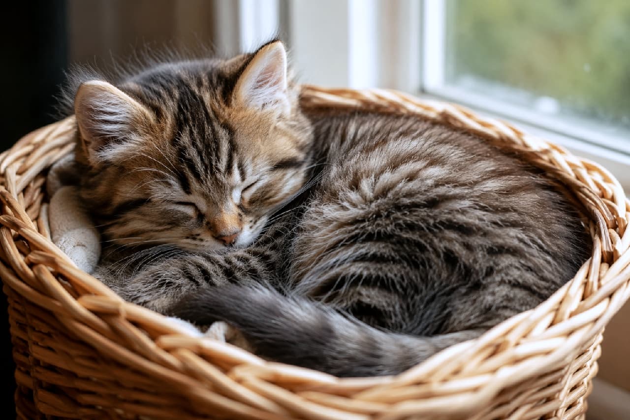 「籐のカゴにすっぽり収まって夢の中…窓辺のぽかぽか光線で、極上のシエスタタイムです…💤 #寝顔は天使 #癒やし動画風 #猫のいる暮らし #子猫のいる生活」Ultra-realistic high-quality photograph of a brown tabby Siberian kitten curled up and sleeping peacefully inside a woven rattan basket by a bright window filled with warm, soft natural light. 窓辺からの柔らかな自然光が差し込む場所に置かれた、編み込まれた籐製のバスケットの中で丸くなって安らかに眠るブラウンタビーのサイベリアンの子猫。ふんわりとした厚みのある長毛の被毛と、顔の横に丸められた縞模様の尻尾が、温かみのあるナチュラルな雰囲気の中で描かれている