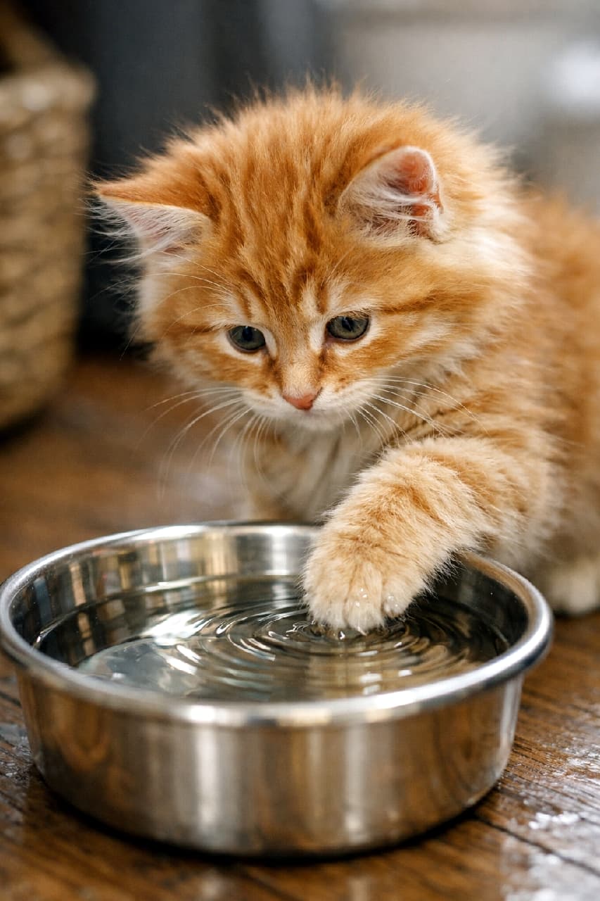 「お水遊びに夢中🐾 波紋をじーっと見つめる真剣なお顔がたまらないサイベリアンちゃんです💧✨ #サイベリアン #猫のいる暮らし #子猫のいる生活」Ultra-realistic high-quality photograph of a fluffy orange tabby Siberian kitten gently dipping its right front paw into a stainless steel water bowl on a wooden floor, intently watching the ripples in the water under bright, fresh lighting. 木の温もりを感じるフローリングの上で、ステンレス製のボウルに張られた水に右前脚をそっと浸し、広がる波紋をじっと見つめるオレンジタビーのサイベリアンの子猫。ふんわりとした長毛と真剣な瞳が愛らしい、瑞々しい光に包まれたリアルな写真