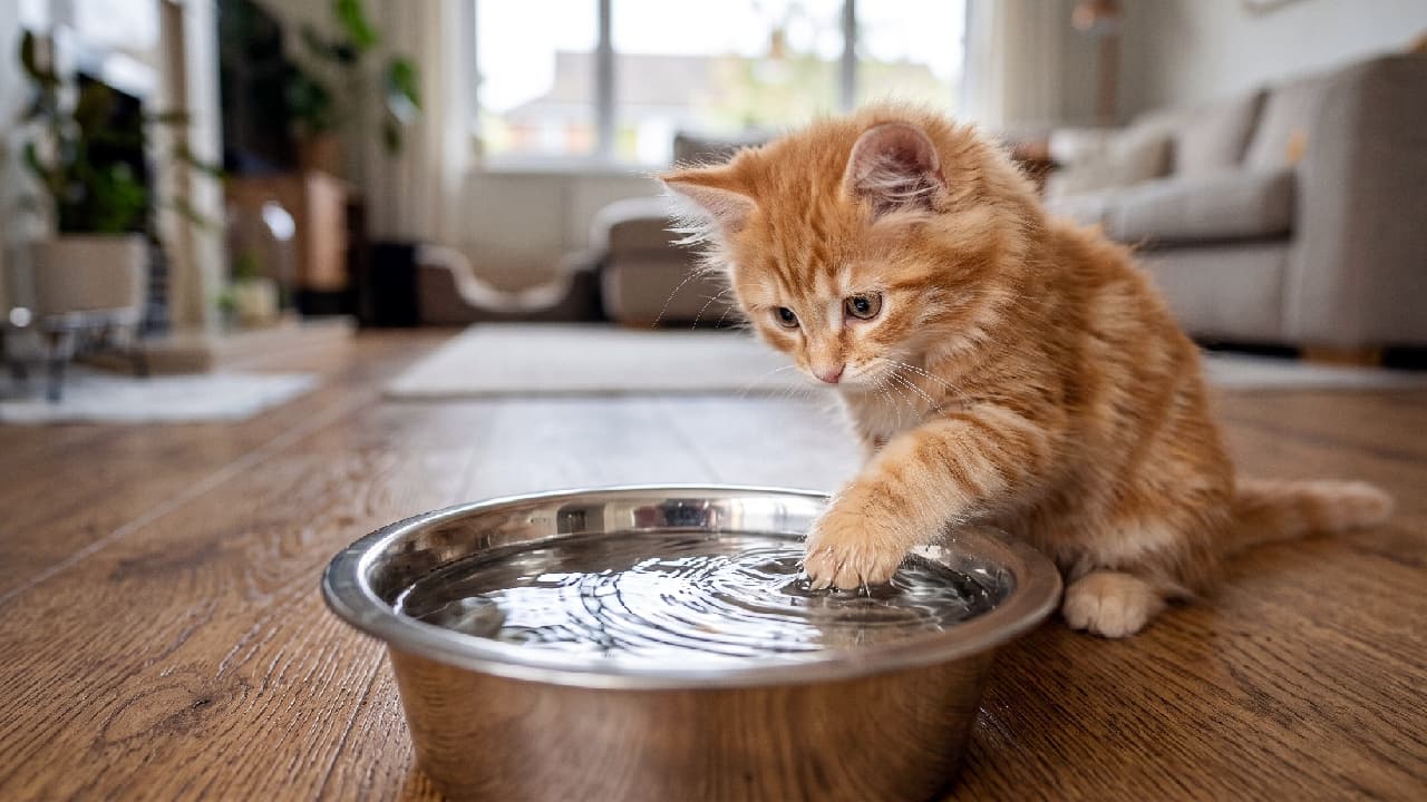 「モダンなお部屋の真ん中で、堂々とお水遊びを満喫中💧 チャプチャプする音が聞こえてきそうな癒しの空間です🏠✨ #おしゃれインテリア #猫との暮らし #サイベリアン#猫好きさんと繋がりたい #猫のいる暮らし #子猫のいる生活」Ultra-realistic high-quality photograph of a fluffy orange tabby Siberian kitten playing with water in a stainless steel bowl on a hardwood floor, set against the backdrop of a bright, modern living room with a sofa and large windows. 自然光がたっぷりと入るモダンなリビングルームの木製フローリングで、ステンレス製のボウルに張られた水に右前脚を浸して遊ぶオレンジタビーのサイベリアンの子猫。背景にはソファや観葉植物が配置され、洗練されたインテリア空間に馴染む子猫の愛らしい日常のワンシーン
