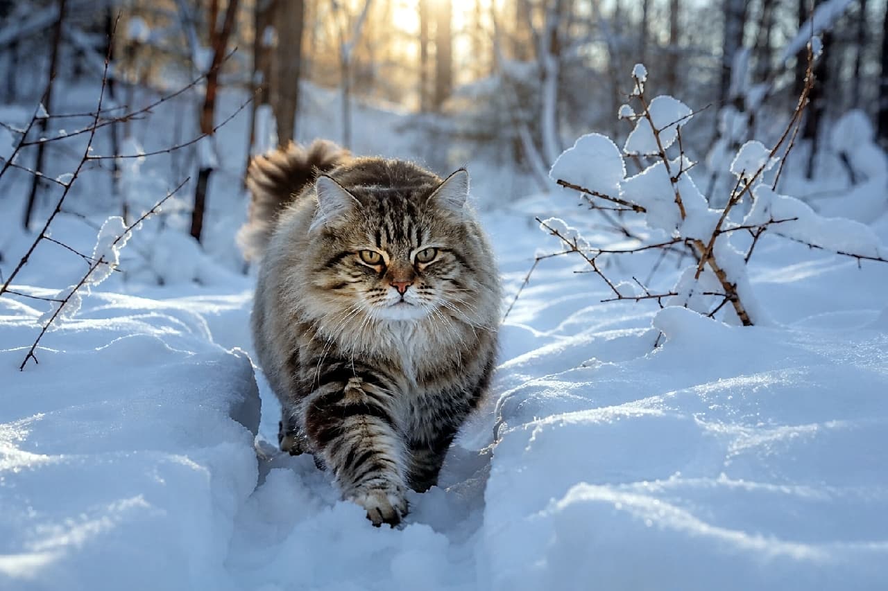 「雪の中でもへっちゃら！サイベリアンならではのモフモフ冬毛で力強くお散歩中❄️🐾このたくましさに惚れちゃう❤️」An ultra-realistic high-quality photograph of a fluffy Siberian cat walking through deep snow in a winter forest. The brown tabby's thick winter coat is highlighted by the warm golden hour backlighting, capturing a dramatic and powerful scene. 真っ白な新雪の中を力強く歩く、長毛のサイベリアン。ブラウンタビーの分厚いダブルコートに覆われた体が、冬の森を背景に浮かび上がっています。逆光の夕暮れの光が雪と猫の輪郭を美しく輝かせるドラマチックな情景