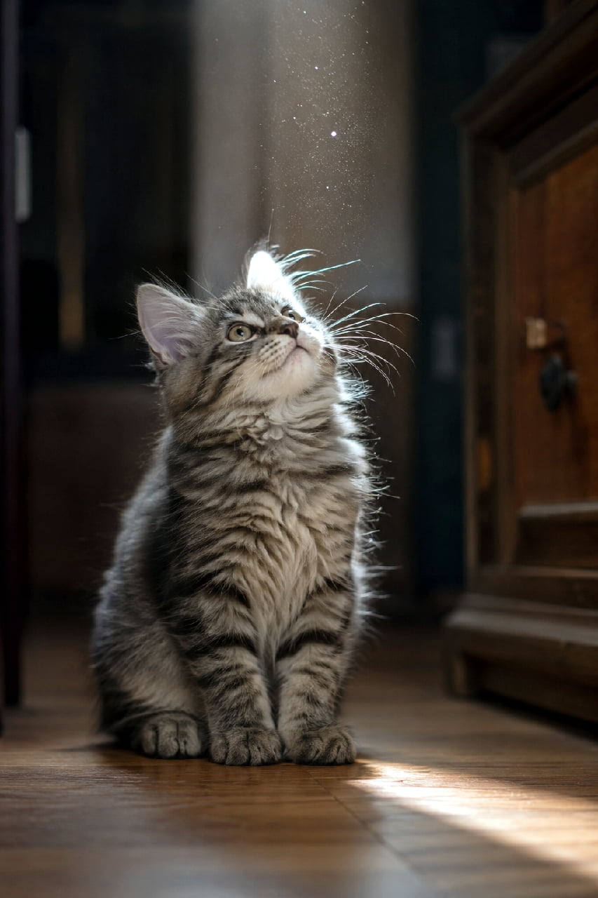 「まるでおとぎ話のワンシーン✨ 上から降り注ぐ魔法の光を見つめる、ロマンチックな子猫ちゃんにうっとり…💖 #奇跡の一枚 #猫アート #サイベリアン #猫のいる暮らし #子猫のいる生活」Ultra-realistic high-quality photograph of a brown tabby Siberian kitten sitting on a wooden floor, looking up at a dramatic beam of light filled with glowing dust motes that illuminates its long whiskers and dense fur. 暗い室内の木製フローリングの上に座り、上部から差し込むドラマチックな一筋の光のカーテンを見上げるブラウンタビーのサイベリアンの子猫。光の中に舞う微細な光の粒（埃）と、逆光を受けてキラキラと輝く子猫の美しいヒゲや胸元の飾り毛が印象的な幻想的構図
