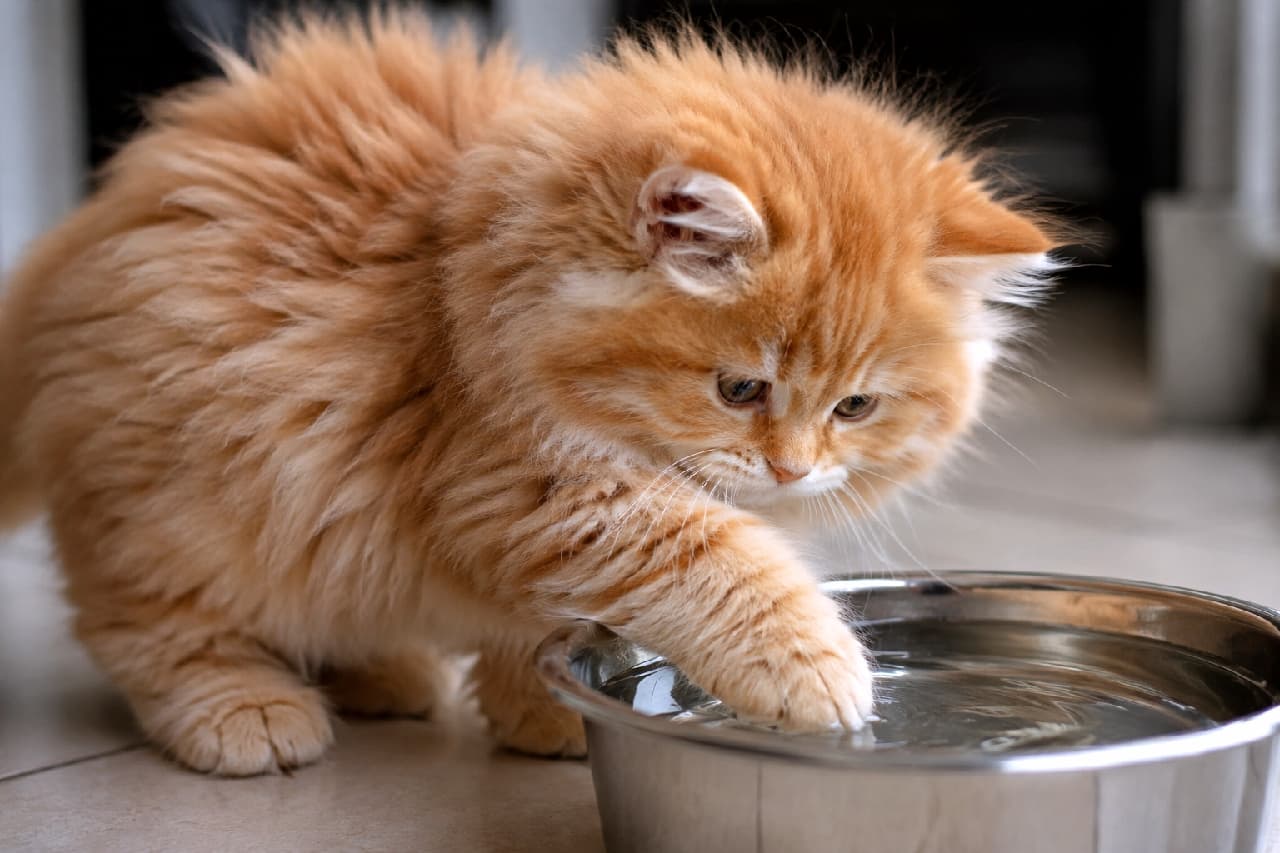 「お水ってどんな感触かにゃ？🐾 ちょこんと手を入れる真剣な表情が愛おしすぎますね🥺💧 #サイベリアン #子猫の成長 #子猫 #猫のいる暮らし #子猫のいる生活」Ultra-realistic high-quality photograph of a fluffy red tabby Siberian kitten intently dipping its paw into a stainless steel bowl of water on a tiled floor. The ripples on the water and the kitten's curious expression are clearly captured, with soft light enhancing its dimensional coat. タイル張りの床に置かれたステンレスボウルの水に、ふさふさとしたレッドタビーのサイベリアンの子猫が前足を入れている様子。水面に広がる波紋と、水を見つめる真剣で少し不思議そうな表情が克明に捉えられており、柔らかな光が被毛の立体感を際立たせています