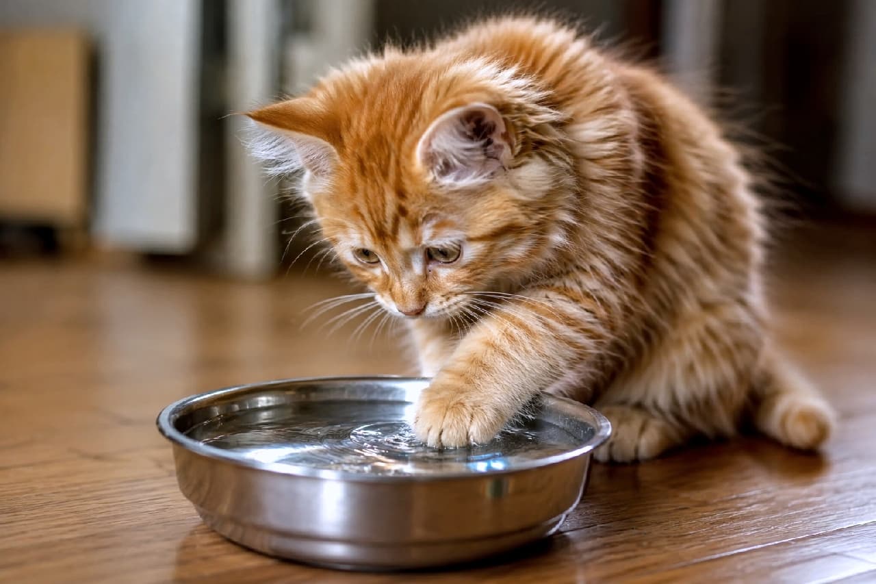 「お水、つめたくて不思議にゃ🐾✨ 恐る恐るおててを入れる仕草にキュンとしちゃいますね💧🐈 #サイベリアン #子猫 #猫のいる暮らし #子猫のいる生活」Ultra-realistic high-quality photograph of a fluffy red tabby Siberian kitten gently dipping its paw into a stainless steel water bowl on a wooden floor. The kitten looks intensely at the water surface, with soft indoor natural light highlighting its glossy coat. ふわふわとした豊かな被毛を持つレッドタビーのサイベリアンの子猫が、木の床に置かれたステンレス製のボウルに入った水にそっと前足を浸している様子。真剣な眼差しで水面を見つめる表情が愛らしく、室内の柔らかな自然光が被毛の艶を美しく引き立てています