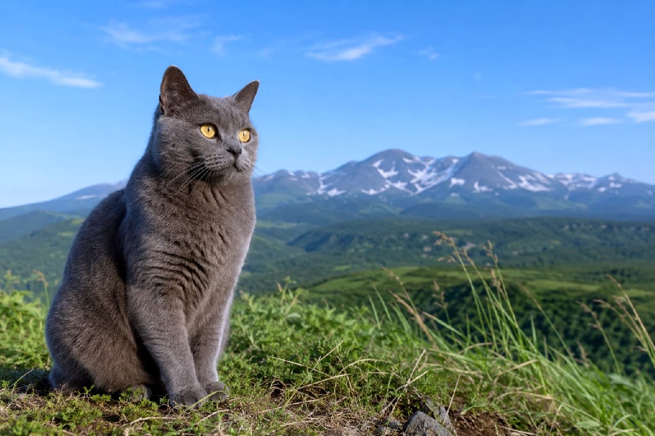「北の大地を一人占め🏔️🐈 青空と山、そして美しい私✨ これぞ至高の絶景だニャ🐾💎 #猫 #シャルトリュー #北海道 #絶景」Ultra-realistic high-quality photograph of an adult Chartreux cat with shining amber eyes, sitting on a lush green hill in Hokkaido. It is looking out over distant snow-capped mountains and valleys under a blue sky with light clouds. 鮮やかな緑の丘に座り、遠くの雪をかぶった連峰を見渡す、美しい灰色の被毛を持つ成猫のシャルトリュー。アンバー（黄色）の瞳が輝き、高台からのパノラマビューが広がる、極めてリアルで高画質な写真