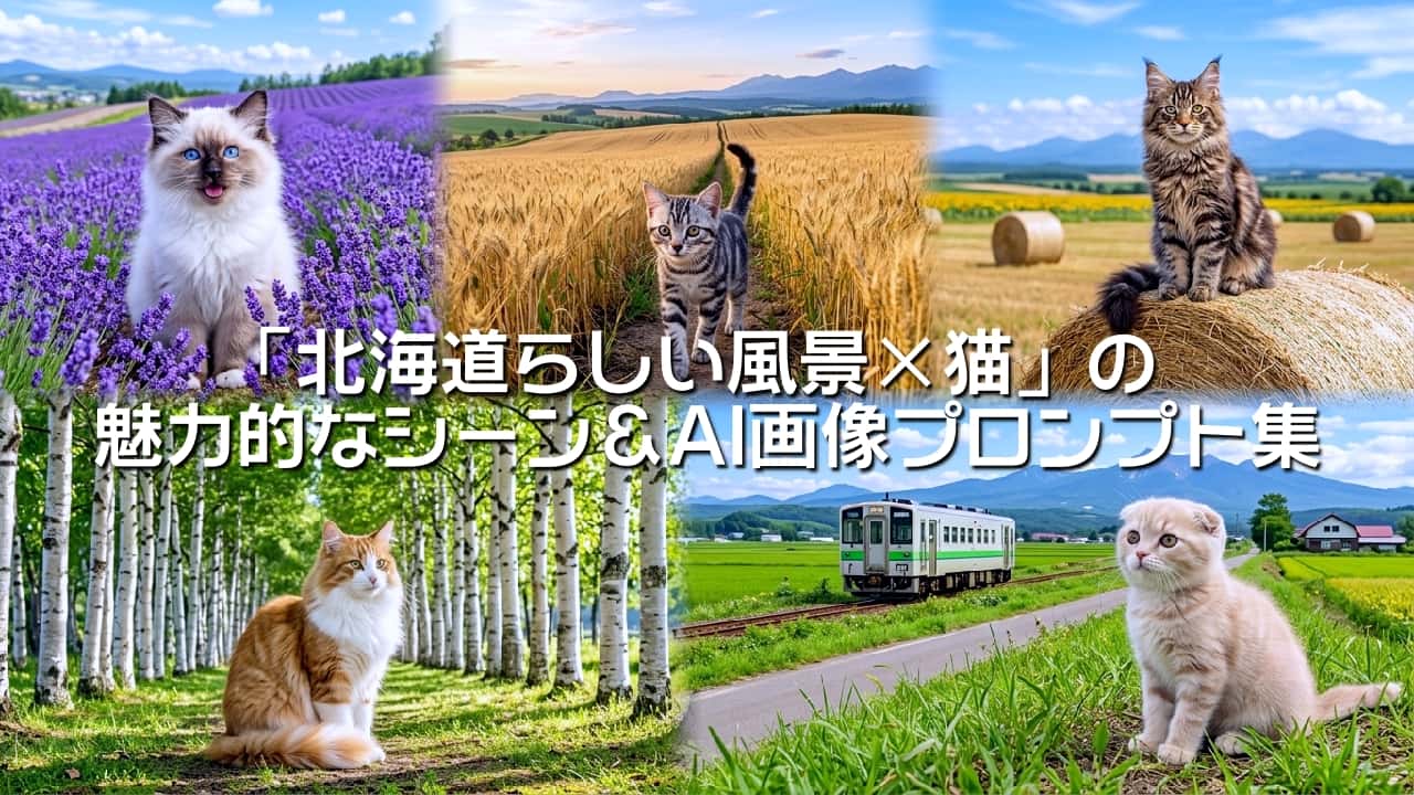 「北海道の絶景と、そこに暮らす5匹の猫たち。あなたの推しはどのシーン？🐾💜☀️🌲🚂「いいね」で猫たちと一緒に旅に出よう！🥺 #北海道 #猫 #絶景」Ultra-realistic high-quality collage photograph featuring five stunning Hokkaido landscapes and five cats. Top-left: Seated Ragdoll with blue eyes in a lavender field. Top-center: American Shorthair kitten with silver tabby walking in a golden wheat field at sunset. Top-right: Maine Coon with brown tabby on a hay bale in a pasture. Bottom-left: Red & white Norwegian Forest Cat in a birch forest. Bottom-right: Red tabby Scottish Fold kitten with folded ears in a rural green field with a train and mountains. 5つの北海道の絶景と5匹の猫を組み合わせた豪華なコラージュ写真。左上は鮮やかなラベンダー畑と座る青い瞳のシールポイント・ラグドール。上中央は夕暮れの黄金色に輝く麦畑の小道を歩くシルバータビーのアメリカンショートヘアの子猫。右上は広い牧草地で牧草ロールの上に堂々と座るブラウンタビーのメインクーン。左下は静かな白樺林の木漏れ日の中に座るレッド＆ホワイトのノルウェージャンフォレストキャット。右下は緑の田園風景とローカル列車を背景に草むらに座り上を見上げる折れ耳のレッドタビーのスコティッシュフォールドの子猫。各シーンが高画質でリアルに描写されている