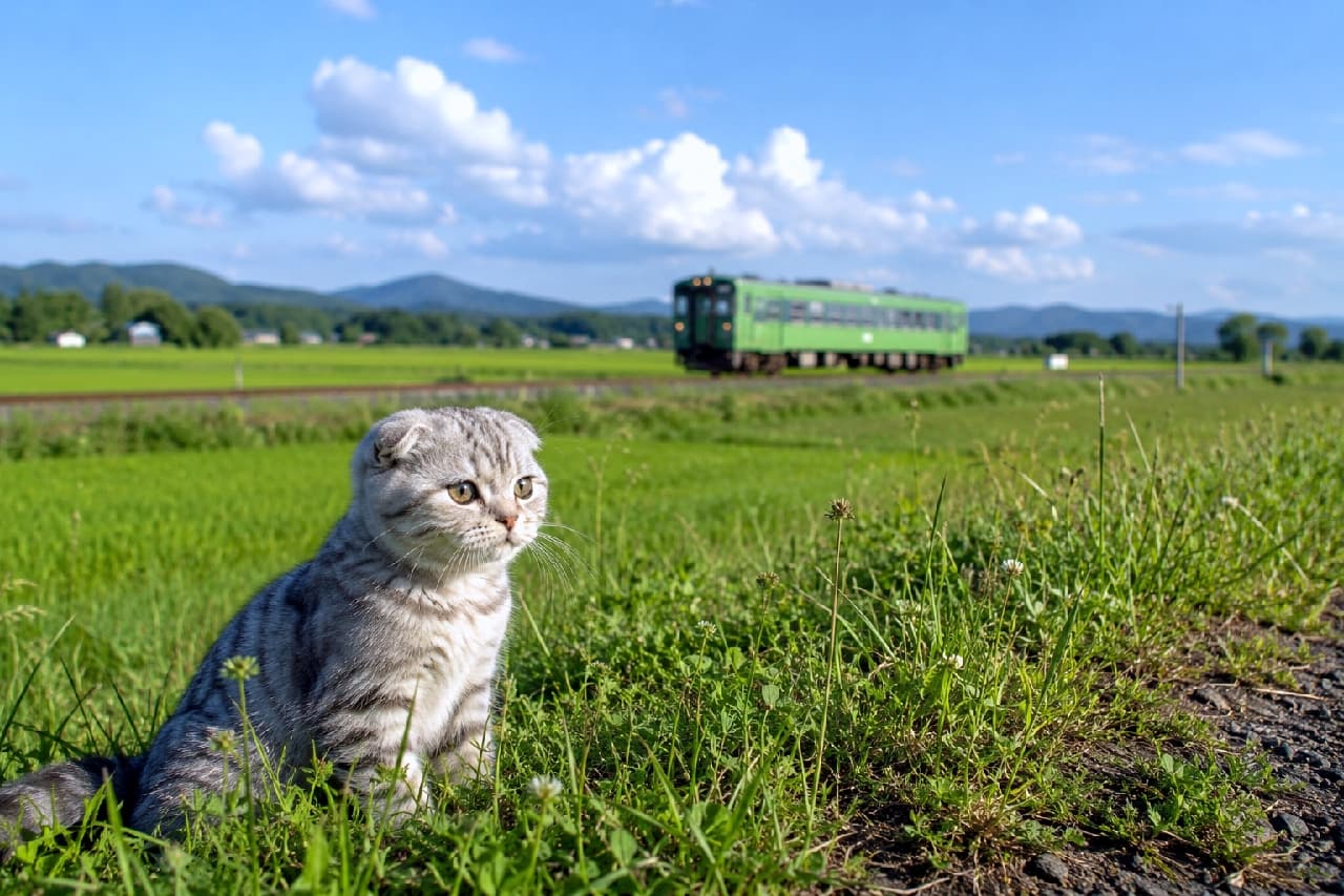 「緑の中、列車を見送る午後🌾🚂🐈 静かな時間が流れる北の大地だニャ🐾💭 今日も平和だニャん✨ #猫 #スコティッシュフォールド #鉄道 #北海道」Ultra-realistic high-quality photograph of a Scottish Fold (grey tabby short-hair with folded ears) cat, sitting in tall green grass in the Hokkaido countryside. It is looking to the right at a distant green train car as it moves along a track, set against vast green fields and mountains under a blue sky with clouds. 北海道の広大な田園地帯に広がる背の高い緑の草むらに座り、右側の線路を遠ざかる緑色の列車を見つめる、灰色のスコティッシュフォールド。特徴的な折れ耳とアンバーの瞳が愛らしい。背景は広い田畑と山々、白い雲が浮かぶ青空の、極めてリアルで高画質な写真