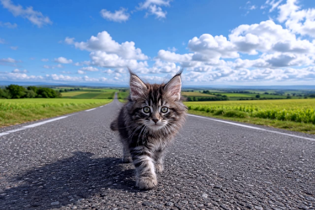 「果てしなく続く道を、小さな足で力強く🐾✨好奇心いっぱいの瞳にキュンとする、冒険の始まりにゃん🐱🌱」Ultra-realistic high-quality photograph of an adventurous brown tabby Maine Coon kitten with ear tufts walking proudly towards the camera on a straight asphalt country road, surrounded by endless green farm fields in Hokkaido under a bright blue cloudy sky. 地平線まで続く北海道のまっすぐなアスファルトの田舎道のど真ん中を、カメラに向かって堂々と歩いてくるブラウンタビーのメインクーン風の子猫。ピンと立った耳の飾り毛と好奇心旺盛な丸い瞳が印象的で、背景には広大な緑の畑と夏の青空が広がる
