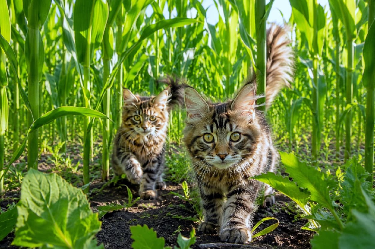 「緑のジャングルを探検中！🌽🌿 葉っぱの間から差し込む光がキラキラしてて、ワクワクが止まらないニャ🐾✨ #メインクーン #夏の思い出 #猫のいる暮らし」Ultra-realistic high-quality photograph of two fluffy Maine Coon-like cats, possibly a parent and kitten, exploring a tall, sunlit green cornfield. The front cat has striking golden eyes, rich brown tabby fur, and distinct ear tufts. The sunlight filtering through the vibrant green leaves creates a beautiful and dramatic effect. 夏の強い日差しが差し込む、背の高い緑のトウモロコシ畑の中を並んで歩いてくる2匹の長毛種の猫（メインクーン風の親子または兄弟）。ブラウンタビーの豊かな被毛、耳の先の飾り毛（リンクスティップ）、そして手前の猫の射抜くような金色の大きな瞳が非常に印象的。葉を透過する光が美しい、リアルで高画質な写真