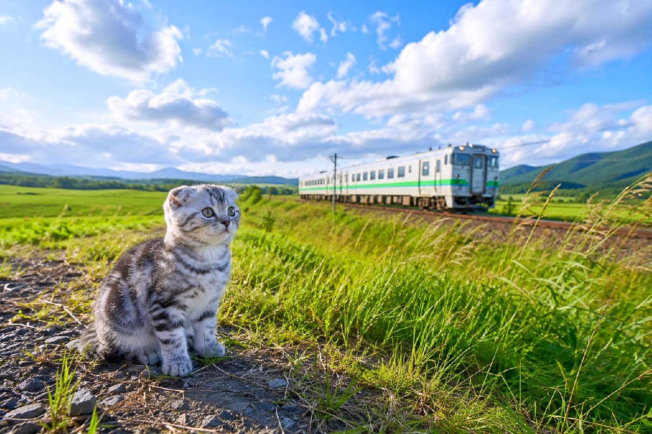「「電車まだかなぁ…にゃ🐾」大自然の中の小さな駅長さん風🐱大空と緑に映えるもふもふに癒される〜🌿✨ #北海道」Ultra-realistic high-quality photograph of a silver tabby Scottish Fold kitten with folded ears and round amber eyes sitting by a railway track in a lush green Hokkaido field, with a local train passing in the background under a blue sky. 北海道の広大な緑の草原と青空を背景に、線路沿いの砂利道にちょこんと座るシルバータビーのスコティッシュフォールドの子猫。特徴的な折れ耳と丸い琥珀色の瞳で遠くを見つめており、奥には1両編成のローカル列車が走る、のどかで美しい情景