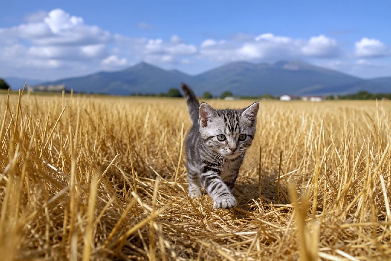 「大自然の中をトコトコ大冒険！🐾🌾 小さな足で一歩ずつ進む姿にキュンとしちゃうでしょ？💕 #子猫 #アメショ #大冒険」Ultra-realistic high-quality photograph of a cute American Shorthair kitten, bravely walking towards the camera in a golden harvested wheat field with its tail held high. Its large curious eyes and distinct swirl patterns are adorable, set against a backdrop of a vast summer sky and majestic mountains. 穫後の黄金色に輝く麦畑の中を、ピンと尻尾を立てて力強く歩いてくるアメリカンショートヘアの子猫。好奇心旺盛なクリクリとした丸い目と、特徴的なクラシックタビーの短い被毛が愛らしい。背景には夏の青空と雄大な山並みが広がる、極めてリアルで高画質な写真