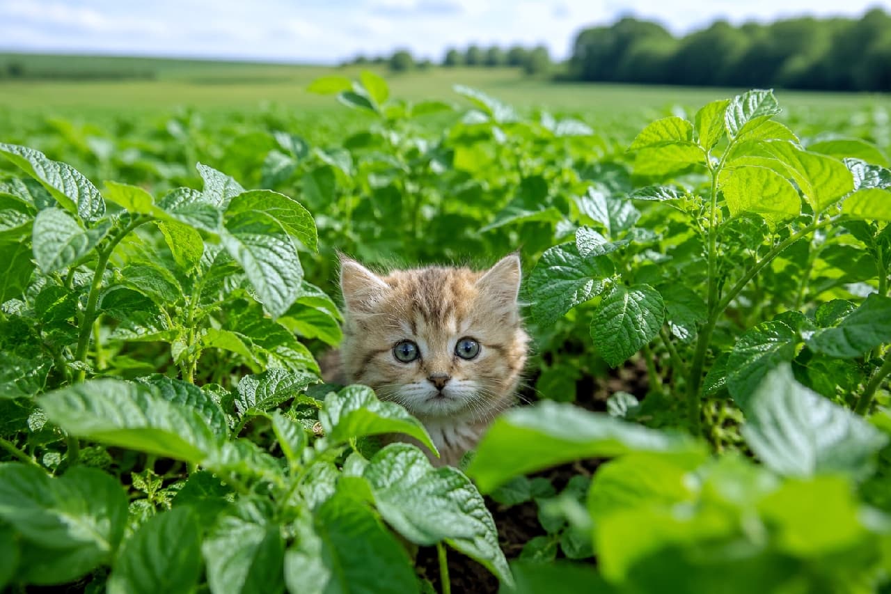 「ジャガイモ畑でかくれんぼ🥔🐈 ひょっこり顔を出したら、見つかっちゃったニャ！🐾💖 夏の冒険、楽しいニャ✨ #猫 #マンチカン #ジャガイモ畑 #北海道」Ultra-realistic high-quality photograph of a tiny Munchkin kitten with tabby markings, popping out from within dense, lush green potato plants in a summer Hokkaido field. The small, short-legged kitten is looking directly at the camera with large curious eyes, with the vast field extending behind it under a blue sky. 夏の北海道のジャガイモ畑の密生した緑の葉の間から、ひょっこりと顔を出し、カメラをじっと見つめる非常に小さなマンチカンの子猫（キジトラ系短毛）。短い前脚が葉の隙間から見え、背景には広大なジャガイモ畑が広がる、極めてリアルで高画質な写真