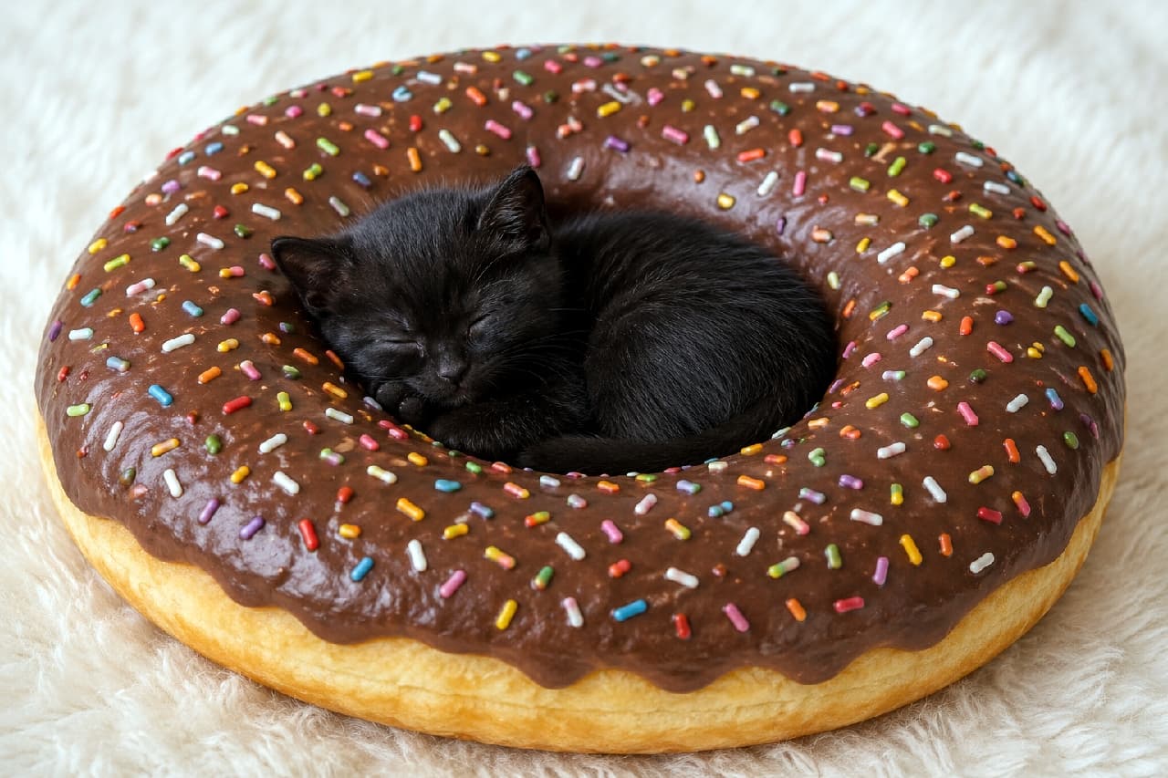「ドーナツの穴にすっぽり🍩🐈 シンデレラフィットで夢の中な黒猫ちゃんが愛おしすぎます🖤✨ #黒猫 #チョコドーナツ #猫のいる暮らし #スイーツと猫」Ultra-realistic high-quality photograph of a black kitten curled up and sleeping perfectly inside the hole of a chocolate frosted donut with colorful sprinkles. The contrast between the black fur and the white faux fur background is striking. カラフルなスプレーチョコがトッピングされた巨大なチョコレートドーナツの穴に、すっぽりと収まって眠る黒猫の子猫。艶やかな漆黒の被毛がドーナツの質感とマッチし、背景の白いファー素材が黒猫の輪郭をくっきりと際立たせています