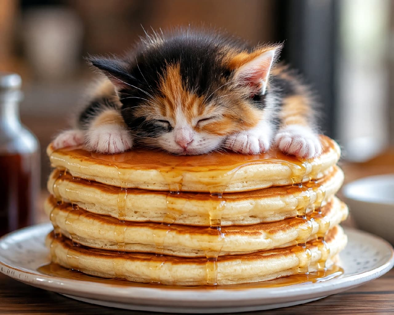 「甘〜いシロップの香りに包まれて…🥞🐈 三毛猫ちゃんの無防備な寝姿で、最高の朝を迎えましょう☀️ #三毛猫 #パンケーキ」Ultra-realistic high-quality photograph of a calico kitten sleeping flat on a stack of pancakes dripping with maple syrup. The vivid fur colors and warm rustic lighting highlight the cozy morning atmosphere. メープルシロップが滴る焼きたてのパンケーキタワーの上で、うつ伏せになって眠る三毛猫（キャリコ）の子猫。黒、茶、白の鮮やかな被毛のコントラストとシロップのシズル感が、暖かみのある木目調の背景に美しく映えています