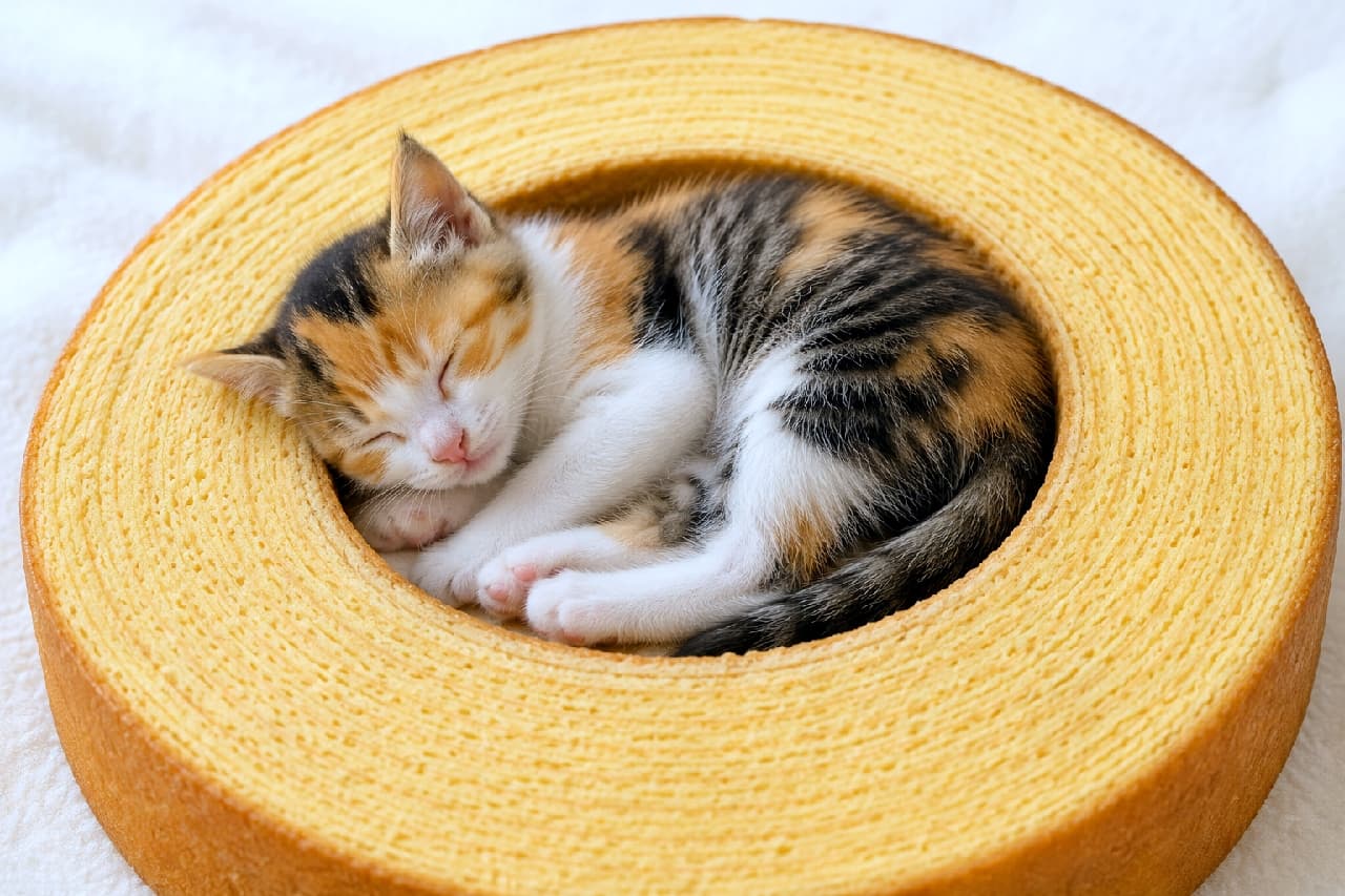 「サイズ感バッチリ！バウムクーヘンの穴にすっぽりフィットする三毛猫ちゃん🐈🍩 まるで専用のベッドみたいですね💤 #三毛猫 #バウムクーヘン #猫のいる暮らし #スイーツと猫」Ultra-realistic high-quality photograph of a calico kitten sleeping curled up perfectly inside the center hole of a Baumkuchen ring cake on a soft white blanket. 大きなバウムクーヘンの中央の穴にすっぽりと収まり、丸まって眠る三毛猫の子猫。オレンジ、黒、白の鮮やかな被毛と、バウムクーヘンの年輪の層のテクスチャが極めて精細に描写され、白いブランケットを背景にした柔らかな光の写真