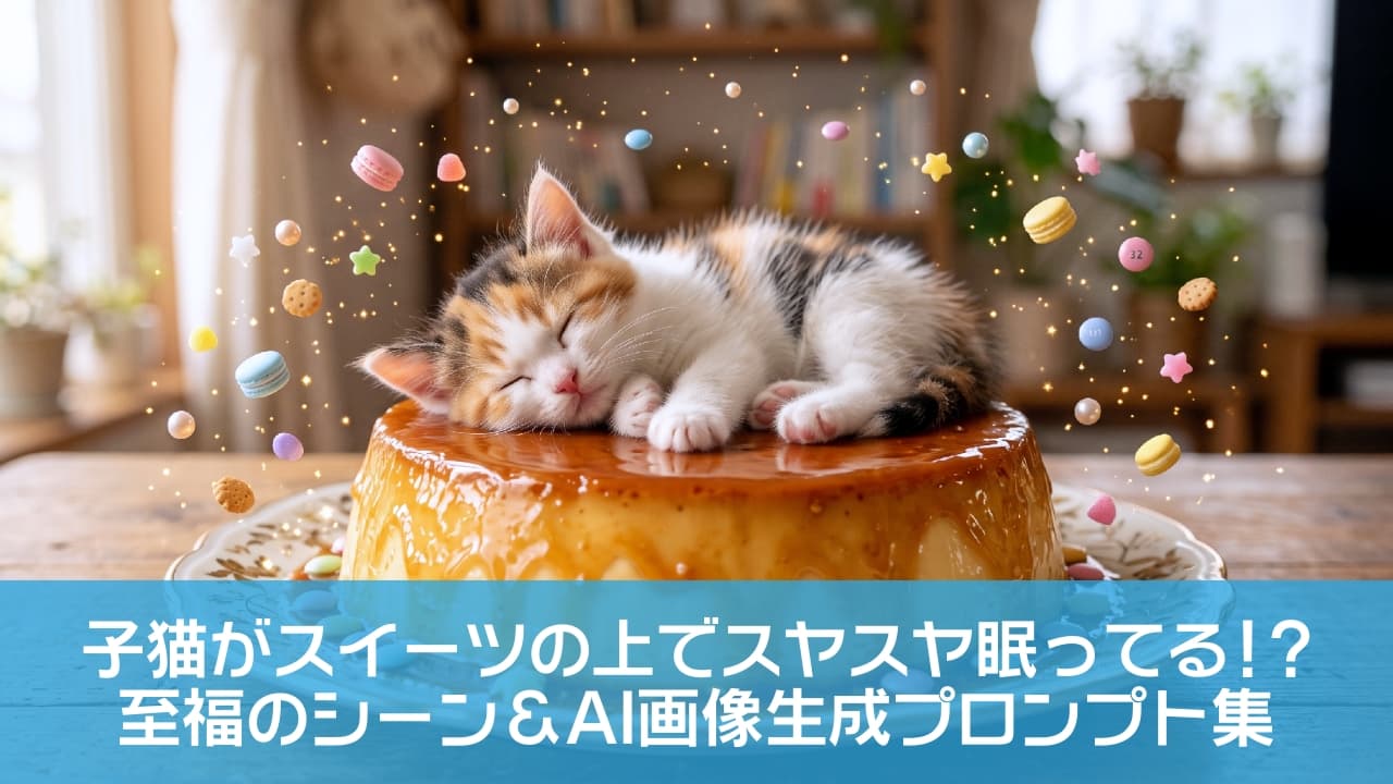 「甘〜いプリンの上でスヤスヤ夢の中…最高の「癒やし」をお届け🍮💤この幸せそうな寝顔に癒やされたら、「いいね」押してね💕 #猫のいる幸せ #三毛猫 #おうちカフェ」Ultra-realistic high-quality fantasy photograph of a tiny calico kitten sleeping peacefully curled up on top of a giant caramel pudding. Magical floating colorful macarons, star candies, biscuits, and sparkling light particles surround the plate on a wooden table, with a cozy blurred living room background under soft natural light. 木目のウッドテーブルに置かれた、カラメルソースがたっぷりとかかった大きなプリンの上で、気持ちよさそうに目を閉じて眠る小さな三毛猫（キャリコ）の子猫。周囲にはパステルカラーのマカロンや星型のラムネ、ビスケットなどのスイーツが魔法のように宙に浮かび、キラキラとした光の粒子が優しく輝いています。背景の温かみのあるインテリアと柔らかな自然光が、幻想的でメルヘンな世界観を引き立てる超高画質な写真
