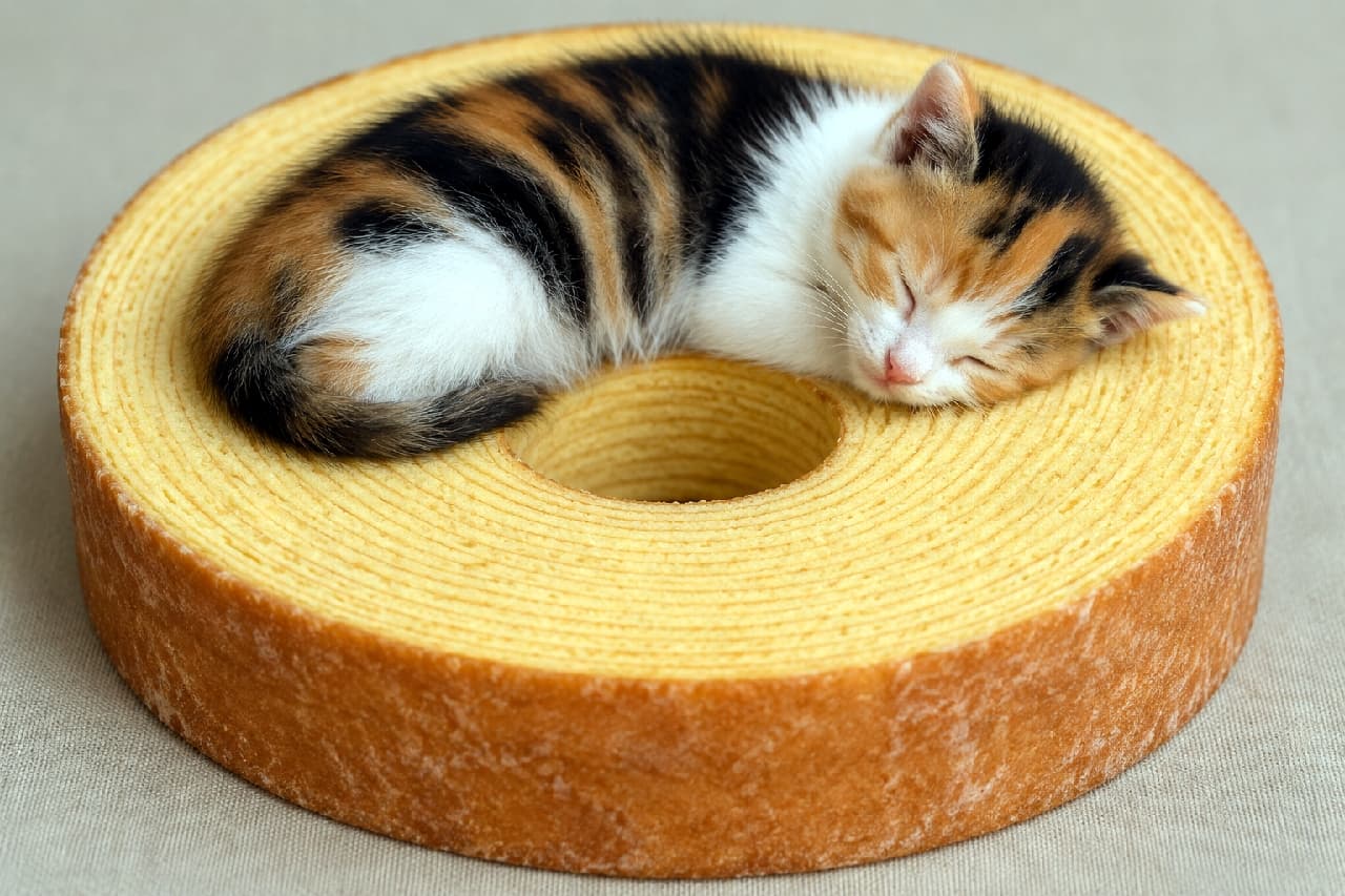 「年輪のベッドでスヤスヤ💤 バウムクーヘンのカーブと丸まった背中がシンクロしてて可愛すぎますね🐈✨ #三毛猫 #バウムクーヘン #猫のいる暮らし #スイーツと猫」Ultra-realistic high-quality photograph of a calico kitten sleeping gracefully along the curve on top of a large Baumkuchen ring cake, soft ambient lighting. 巨大なバウムクーヘンのリングの上に乗って、そのカーブに沿うようにしてスヤスヤと眠る三毛猫の子猫。鮮やかな三色の被毛が優しい光に包まれ、焼き菓子のしっとりとした質感が伝わってくる、リラックス感あふれる高品質な写真