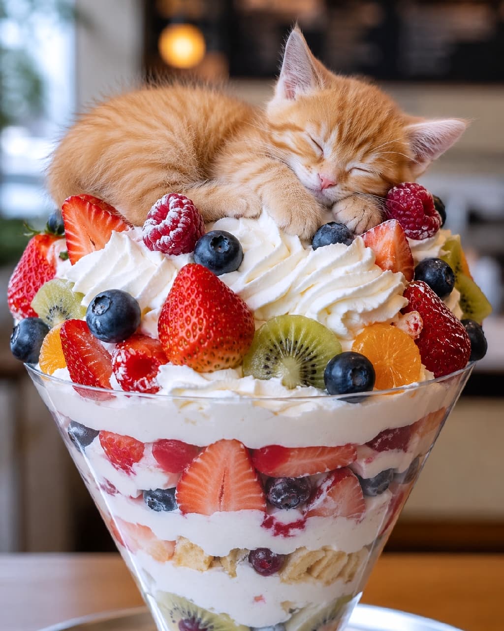 「パフェのてっぺんは特等席🍨🍓 クリームの上でとろけちゃう茶トラ子猫の可愛さに胸キュンです🐈✨ #スイーツ部 #猫好きさんと繋がりたい #茶トラ子猫 #パフェ #猫のいる暮らし #スイーツと猫」Ultra-realistic high-quality photograph of a ginger tabby kitten sleeping on top of a giant fruit parfait with whipped cream and fresh berries, captured in bright natural light. イチゴやブルーベリーがたっぷり乗った巨大なフルーツパフェのホイップクリームの上で、幸せそうに眠る茶トラの子猫。明るい自然光の中、ふわふわの明るい茶色の被毛とフルーツの瑞々しい質感が鮮やかに描写されたシズル感あふれる一枚