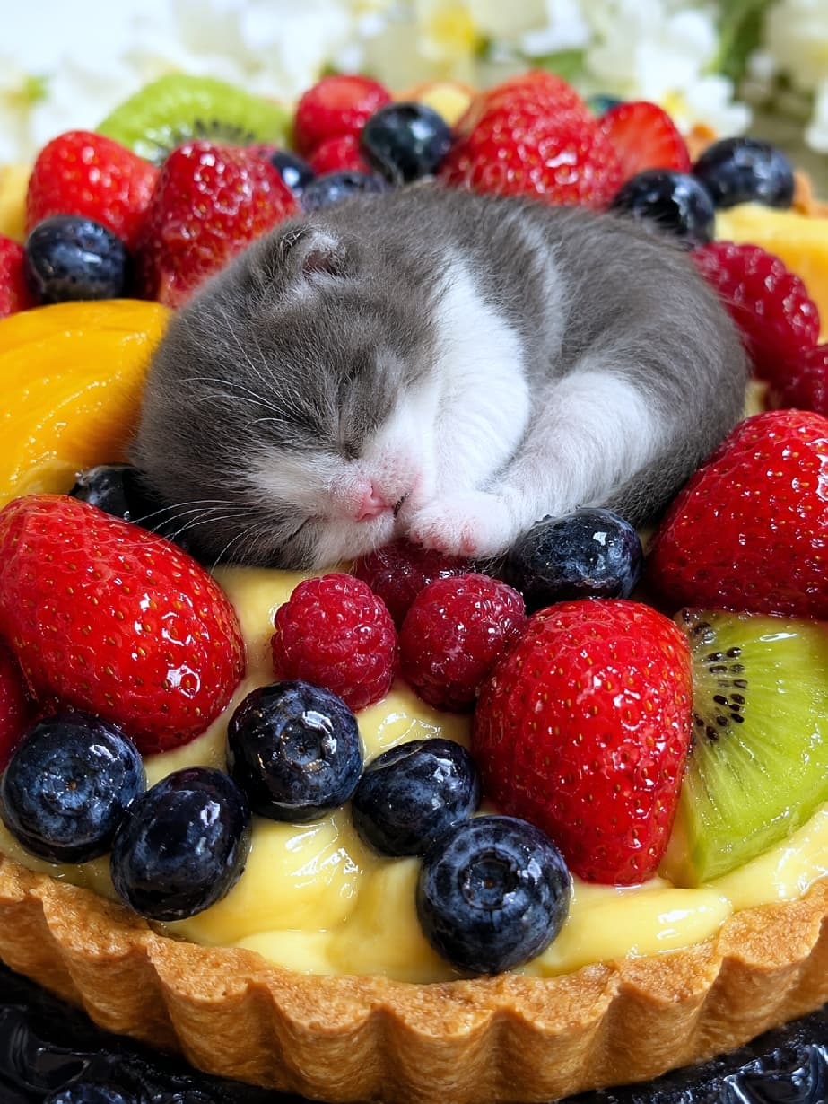 「まるでタルトのトッピング🍓 丸まって眠る子猫ちゃん、可愛すぎて食べられません！🐈✨ #ねこのきもち #ねこすたぐらむ #癒やし画像 #猫好きさんと繋がりたい #バイカラー猫 #フルーツタルト #子猫のいる生活 #スイーツと猫」Ultra-realistic high-quality photograph of a silver tabby kitten sleeping while snuggling up to a glossy, baked canelé on a white vintage plate. 白いアンティーク調のお皿の上で、こんがりと焼き色がついた艶やかなカヌレにぴったりと腕を回して眠るサバトラの子猫。シルバーと黒の美しい縞模様と、カヌレのカリッとした表面の質感が見事な対比を描いています