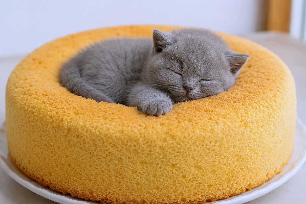 「まるで専用ベッド！？🎂 ケーキの穴にすっぽり収まるグレー子猫ちゃんの極上リラックスタイム🐈✨ #シンデレラフィット #ねこすたぐらむ #お昼寝タイム #癒やし画像 #猫好きさんと繋がりたい #ブリティッシュショートヘア #シフォンケーキ #猫のいる暮らし #スイーツと猫」Ultra-realistic high-quality photograph of a British Shorthair kitten sleeping curled up perfectly inside the center hole of a fluffy chiffon cake, highlighting rich textures and clean lighting. ふわふわに焼き上がったクッションのようなシフォンケーキの真ん中のくぼみにすっぽりと入り込み、丸くなって眠るブリティッシュショートヘアの子猫。ケーキの気泡のディテールと、子猫の密度の高い短毛のビロードのような質感がリアルに描写されています
