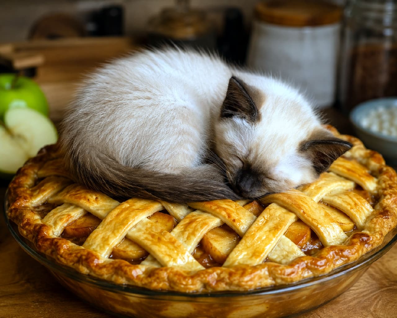 「焼き立てパイの甘い香りに包まれて…🥧💤 スヤスヤ眠るシャム猫ちゃんに癒される至福のひととき🐈✨ #スイーツテロ #シャム猫 #アップルパイ #猫のいる暮らし #スイーツと猫」Ultra-realistic high-quality photograph of a Siamese mix kitten sleeping peacefully on a lattice crust apple pie in a rustic kitchen setting, featuring warm lighting and detailed textures. 温かみのあるキッチンの木製テーブルに置かれた網目模様のアップルパイの上で、スヤスヤと眠るシャム猫風の子猫。特徴的な顔や耳の焦げ茶色とクリーム色の被毛が美しく、パイのツヤ感と柔らかな光のニュアンスがリアルな情景を演出