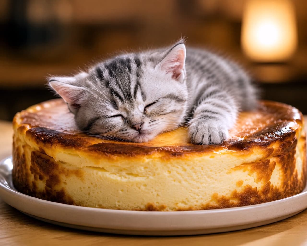 「空を飛んでる夢を見てるのかな？🧀🐈 アメショちゃんの見事なスーパーマン寝にほっこり☺️✨ #サバトラ猫 #スーパーマン寝 #猫のいる暮らし #スイーツと猫」Ultra-realistic high-quality photograph of a silver tabby kitten sleeping in a superman pose on a baked cheesecake. The warm ambient lighting and background bokeh create a relaxing atmosphere. 綺麗な焼き色がついたホールのベイクドチーズケーキの上で、前足をピンと伸ばしたスーパーマンポーズで眠るサバトラの子猫。美しいシルバータビーの模様と、背景の温かな間接照明のボケ感がくつろいだ空間を演出しています