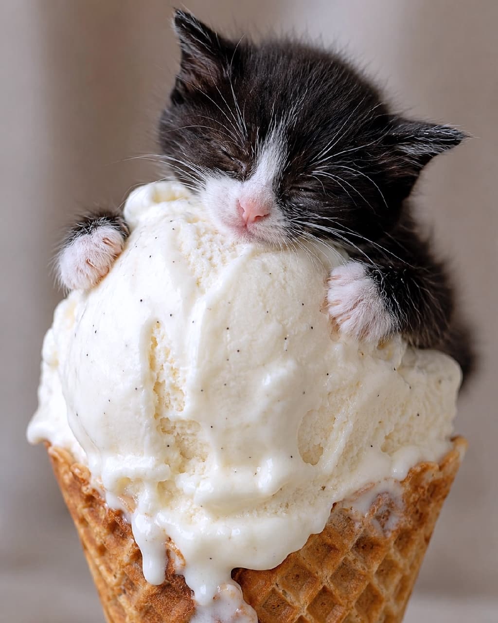 「溶けちゃう前にギュッ！🍨🐾 ひんやり冷たいアイスクリームに抱きついて、どんな夢を見ているのかな？🐧💤 #ハチワレ #アイスクリーム #猫のいる暮らし #スイーツと猫」Ultra-realistic high-quality photograph of a tuxedo kitten tightly hugging and sleeping on a giant scoop of melting vanilla ice cream in a waffle cone. ワッフルコーンに乗った巨大なバニラアイスクリームの球体に、両手でしがみつくようにして眠るハチワレ（白黒）の子猫。少し溶け出したアイスの質感と、黒い被毛のコントラストがくっきりと浮かび上がる、ユーモラスでリアルな写真