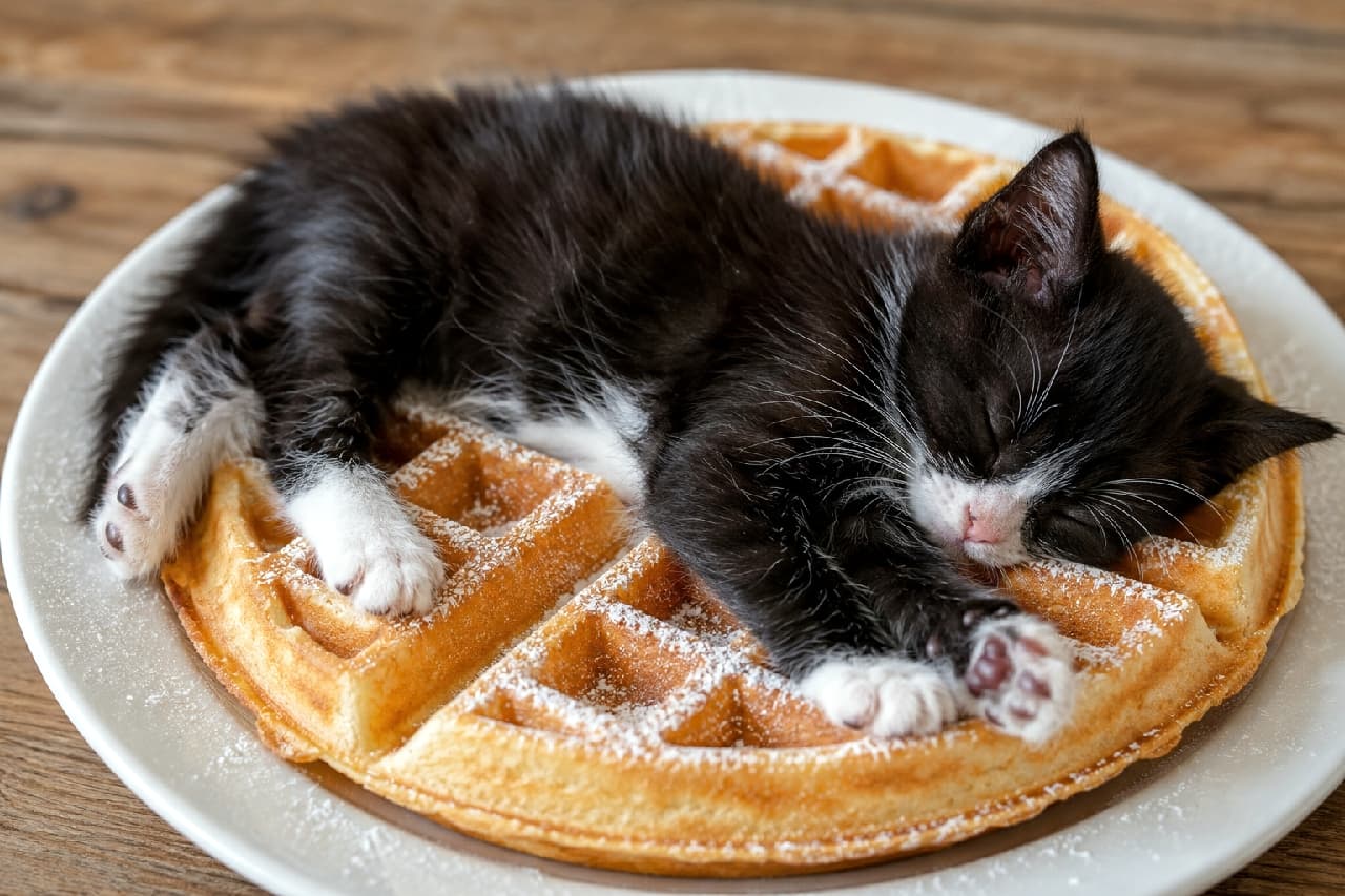 「ワッフルのふかふかベッドでお昼寝タイム🧇🐈 ハチワレちゃんのピンクのお鼻がたまらない可愛さです🐾💖 #ハチワレ猫 #ワッフル #猫のいる暮らし #スイーツと猫」Ultra-realistic high-quality photograph of a tuxedo kitten stretched out and sleeping on a large Belgian waffle. The black and white fur, pink nose, and rustic wooden table background evoke a warm, comforting morning. 粉糖がかけられた大きなベルギーワッフルの上で、心地よさそうに身を伸ばして眠るハチワレ（白黒タビー）の子猫。綺麗に分かれた顔の白黒模様とピンク色のお鼻、ワッフルの格子状の影が、ラスティックな木のテーブルと共に緻密に描かれています