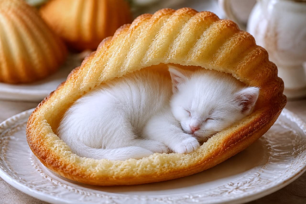 「マドレーヌのベッドで夢の中…🍰パカッと開いたら純白の天使がいました🐈✨かわいすぎて食べられません！ #ねこのきもち #ねこすたぐらむ #癒やし画像 #猫好きさんと繋がりたい #白猫 #マドレーヌ #子猫のいる生活 #スイーツと猫」Ultra-realistic high-quality photograph of a pure white kitten sleeping peacefully curled up inside a giant shell-shaped madeleine cake on an elegant white plate, featuring warm, soft lighting, detailed pastry textures, and a cozy blurred afternoon tea background. アンティーク調の白いお皿の上で、大きな貝殻型の焼き菓子マドレーヌの空洞にすっぽりと収まり、目を閉じて前足を揃えて眠る白猫の子猫。温かみのある自然光が、マドレーヌの香ばしいきつね色の焼き目やサクサクとした質感と、子猫のふわふわとした柔らかい純白の産毛、ほんのりピンク色の鼻や耳を精細に映し出しています。背景には他の焼き菓子やティーポットが優しくボケて写っています