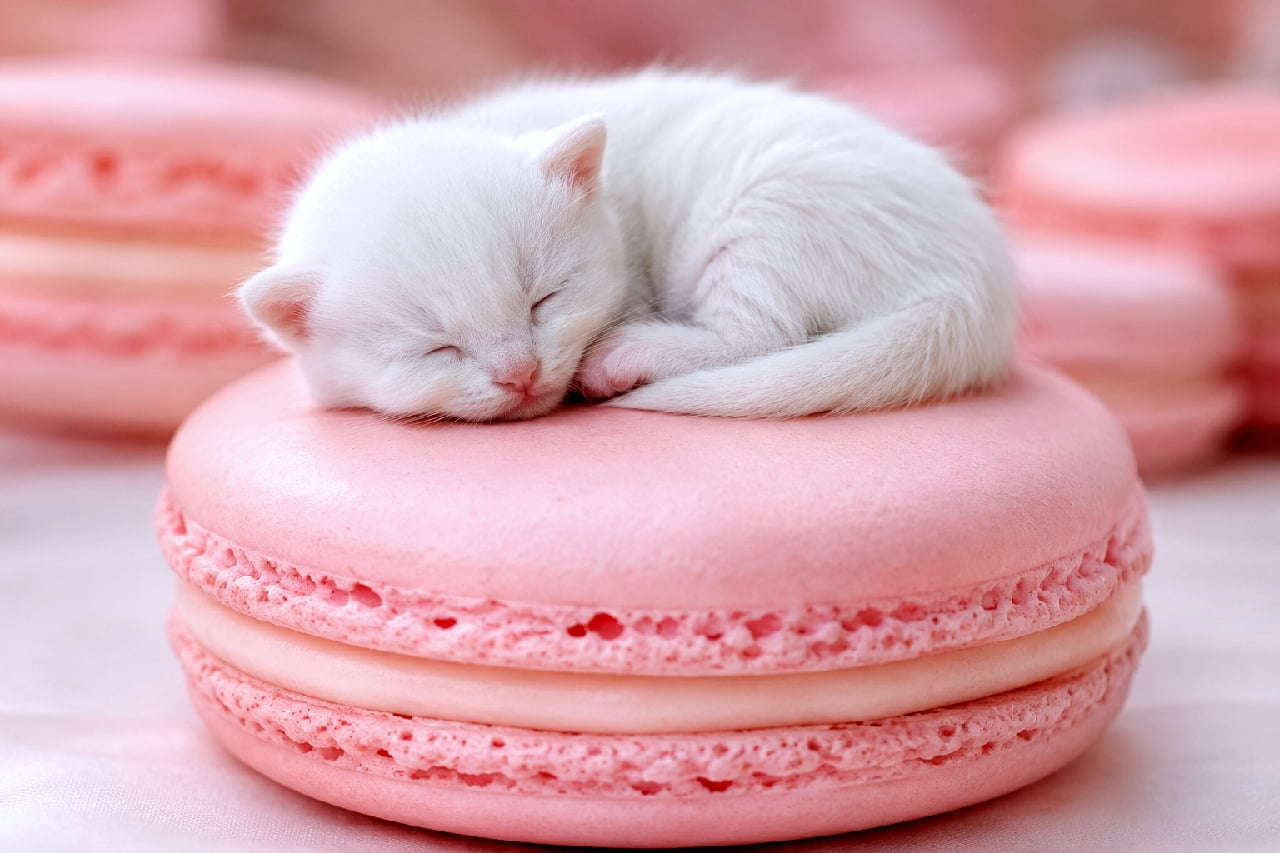 「ふわふわマカロンのベッドでスヤスヤ💤 真っ白な子猫ちゃんの天使のような寝顔をお届けします🤍✨ #白猫 #マカロン #猫のいる暮らし #スイーツと猫」Ultra-realistic high-quality photograph of a pure white kitten curled up and sleeping on a giant pink macaron. The soft white fur and pastel pink background create a dreamy, fairy-tale atmosphere. 巨大なピンク色のマカロンの上で丸まって眠る、純白の被毛を持つ子猫。ふんわりとした柔らかな毛並みと、淡いピンク色の背景が溶け合い、幻想的でメルヘンチックな世界観を美しく表現しています
