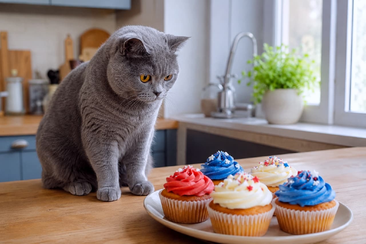 「ジーッ…👀 これ、アタシのご飯じゃないのニャ？🧁🇺🇸 食い入るように見つめるお顔にキュンとしちゃう💕 #ブリティッシュショートヘア #食いしん坊」Ultra-realistic high-quality photograph of a British Shorthair cat sitting on a bright wooden kitchen counter, staring intently at a plate of four cupcakes frosted in red, white, and blue. The cat's dense blue coat and large round copper eyes are beautifully detailed, creating a humorous and gentle slice-of-life scene. ナチュラルな木の温もりを感じる明るいキッチンのカウンターで、赤・白・青のクリームでデコレーションされた4つのカップケーキを真剣な眼差しで見つめるブリティッシュショートヘア。特有の密生したブルー（灰色）の被毛と大きな丸いカッパー（銅色）の瞳が美しく、ユーモラスで穏やかな日常の一コマを描いています