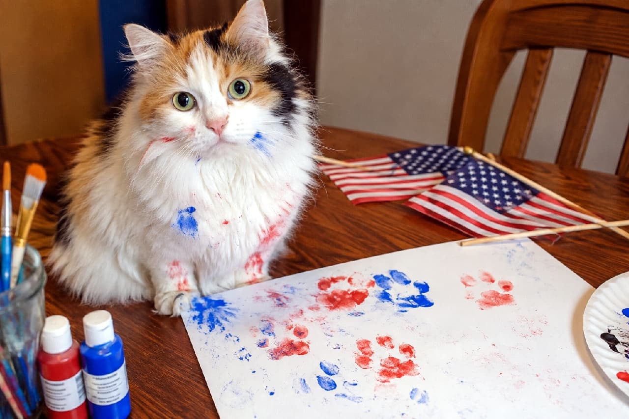 「天才芸術家が誕生！？🎨赤と青の絵の具で可愛い肉球アートを披露してくれたよ🐾お顔にもついてる🤭 #猫のいる暮らし #独立記念日」An ultra-realistic high-quality photograph of a fluffy calico cat sitting on a wooden table, surrounded by patriotic paw print art. The cat has red and blue paint on its fur, looking curiously at the camera. 顔や白い胸元の被毛に赤と青の絵の具をつけ、カメラをじっと見つめる長毛の三毛猫。木製テーブルの上には星条旗のミニフラッグと、可愛い肉球スタンプが押された白い画用紙が広がるコミカルな光景