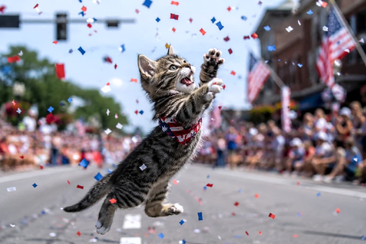 「お祭り最高ニャー！🇺🇸✨ 飛んでくる紙吹雪を全部キャッチしちゃうぞ🐾💨 #キジトラ子猫 #アメリカ独立記念日」Ultra-realistic high-quality photograph of an energetic mackerel tabby kitten wearing a US flag pattern bandana, leaping high with open paws to catch red, white, and blue confetti mid-air. The background features a blurred, bustling summer parade with fluttering US flags and a crowd, full of dynamic energy and festive spirit. 星条旗柄のバンダナを巻いた元気いっぱいのキジトラ子猫が、空を舞う赤・白・青の紙吹雪に向かって両手を広げて大ジャンプしている瞬間。背景には星条旗がはためく賑やかな夏のパレードの観衆がボケて写り、躍動感と祝祭感に満ち溢れた一枚です