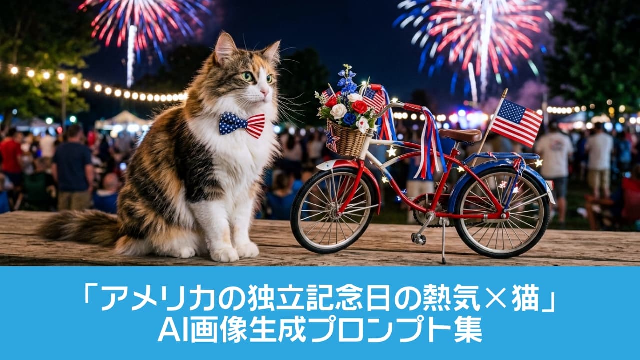 「夜空にドーン！🎆星条旗の蝶ネクタイでおめかしして、特等席から花火大会を満喫中ニャ🇺🇸✨みんなも最高のお祝いを！」An ultra-realistic high-quality photograph of a majestic long-haired calico cat wearing a star-spangled bow tie, sitting gracefully on a wooden table next to a finely decorated miniature patriotic bicycle. The background features spectacular red, white, and blue fireworks illuminating a festive nighttime crowd, with warm string lights creating a magical and cinematic holiday atmosphere. 星条旗柄の蝶ネクタイでおめかしした長毛種の美しい三毛猫が、木製のテーブルにお行儀よく座る祝日の夜の情景。隣には赤・白・青の花や星条旗、ストリングライトで精巧に飾られたヴィンテージ風のミニチュア自転車が置かれています。背景には色鮮やかな打ち上げ花火が夜空を彩り、お祭りを楽しむ人々の熱気や灯りが美しいボケ味で表現され、猫の印象的なグリーンの瞳とふさふさの被毛が幻想的な光に照らし出されています