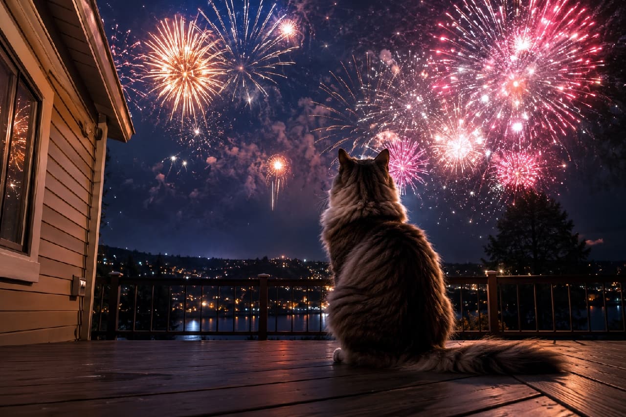 「特等席で花火鑑賞にゃ🎆✨ 夏の夜風を感じながら、君の隣で見る景色が一番だね🐈💕 #猫のいる暮らし #独立記念日」Ultra-realistic high-quality photograph of a fluffy long-haired tabby cat sitting on a wooden deck, gazing up at spectacular vibrant fireworks in the night sky. The cat's voluminous fur is softly illuminated by the fireworks, creating a romantic and emotional summer night scene with a beautiful city landscape in the background. 夜空に咲く色鮮やかな大輪の花火を、ウッドデッキにお座りして静かに見上げる長毛種のキジトラ猫の後ろ姿。ふさふさでボリュームのある被毛が花火の柔らかな光に照らされ、眼下に広がる美しい街の夜景とともに、ロマンチックでエモーショナルな夏の夜の情景を描き出しています