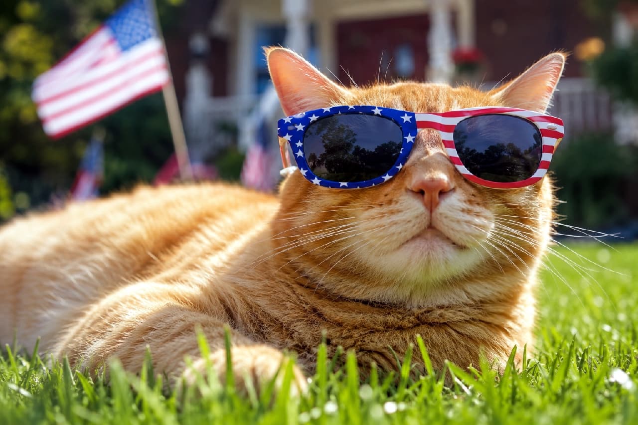 「夏のバカンス準備はバッチリだニャ😎🇺🇸 星条旗サングラスが似合いすぎるイケメン茶トラくんにキュン💘 #茶トラ #猫好きさんと繋がりたい」Ultra-realistic high-quality photograph of an orange tabby cat relaxing on green grass, confidently staring at the camera while wearing cool US flag patterned sunglasses. The orange tabby coat glowing in the sunlight perfectly matches the humorous attire, expressing a cheerful summer holiday vibe with a softly blurred American house and flags in the background. 緑の芝生の上でくつろぎながら、星条旗柄のクールなサングラスをかけてカメラを堂々と見つめる茶トラ猫。太陽の光を浴びて輝くオレンジ色のトラ柄の被毛と、ユーモアたっぷりの装いが絶妙にマッチし、背景のボケたアメリカンハウスや国旗とともに陽気な夏の休日を表現しています