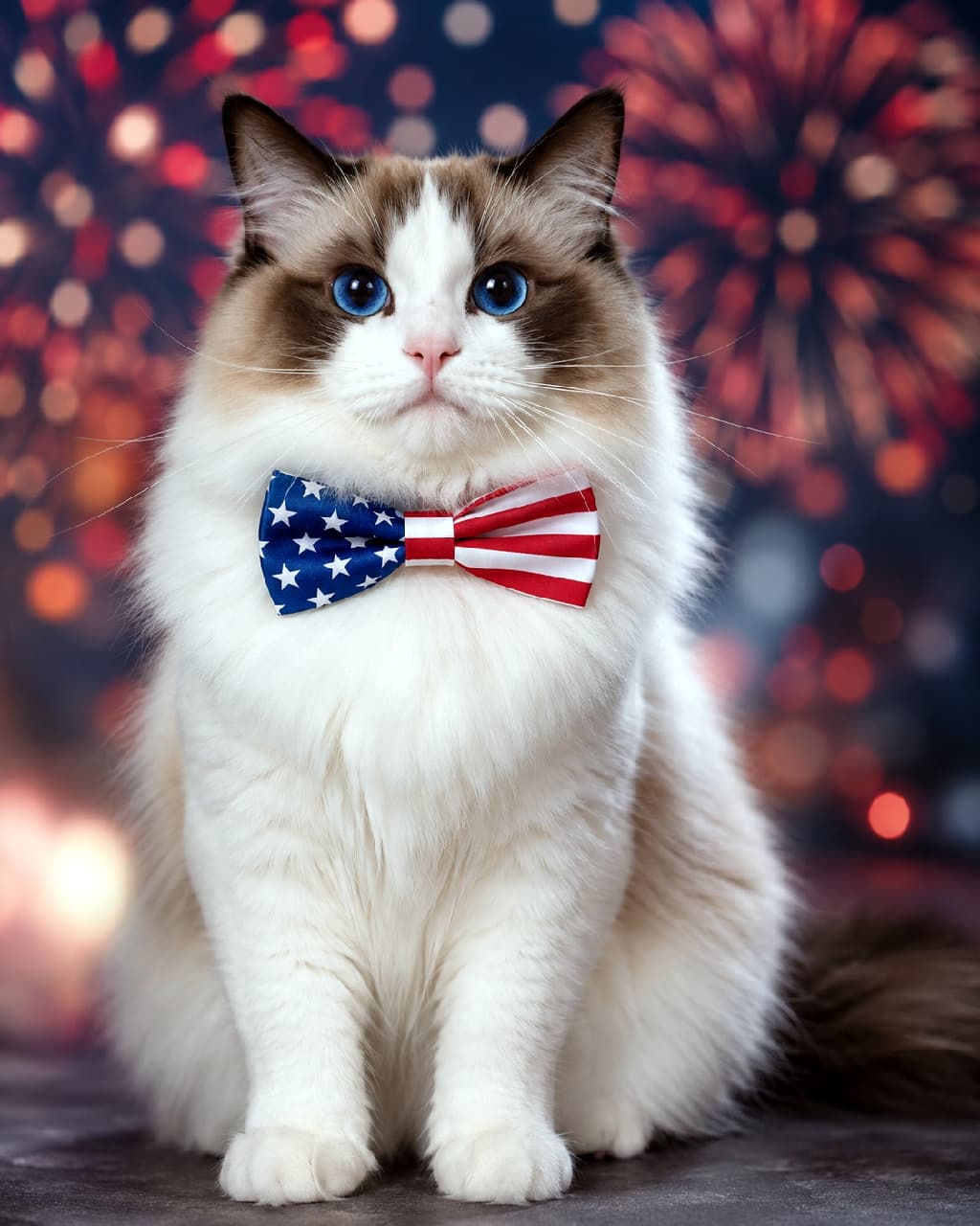 「星条旗の蝶ネクタイでおめかし完了ニャ🇺🇸✨ サファイアブルーのおめめに吸い込まれそう…！😻🎆 #ラグドール #独立記念日」Ultra-realistic high-quality photograph of a Ragdoll cat with striking sapphire blue eyes wearing a US flag pattern bow tie. The cat's seal point coat and fluffy white chest are highlighted against a beautiful bokeh background of red and orange fireworks, creating a festive portrait. 美しいサファイアブルーの瞳を持つラグドール猫が、星条旗柄の蝶ネクタイを着けてお座りしているポートレート。シールポイント（顔や耳の濃い色）の被毛とふかふかの白い胸毛が魅力的で、背景には赤やオレンジの花火の光が美しいボケ（ボケ味）となって祝祭感を演出