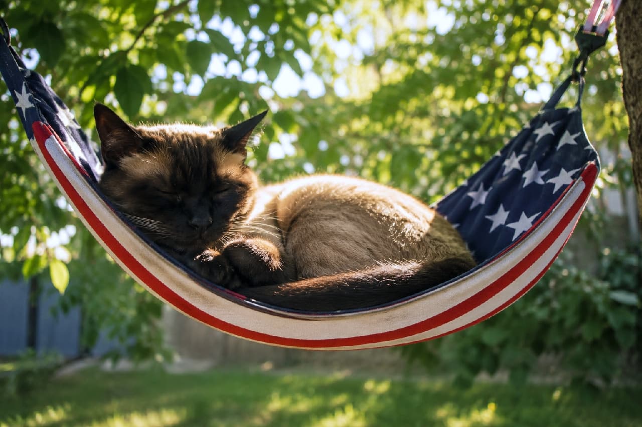 「ぽかぽかお日様とそよ風のゆりかご🌿🇺🇸 気持ちよさそうなお昼寝姿に癒やされる〜😴🐾 #シャム猫 #至福の時間」Ultra-realistic high-quality photograph of a Siamese cat sleeping peacefully curled up in a US flag hammock in a lush green garden bathed in dappled sunlight. The cat's characteristic dark brown point colors and creamy coat are gently illuminated by the soft summer backlighting, creating a serene and peaceful afternoon nap scene. 木漏れ日が優しく降り注ぐ緑豊かな庭で、星条旗柄のハンモックに包まれてスヤスヤと深く眠るシャム猫。特徴的なダークブラウンのポイントカラーとクリーミーな被毛が夏の柔らかい逆光に照らされ、穏やかで平和な午後のまどろみを感じさせる情景