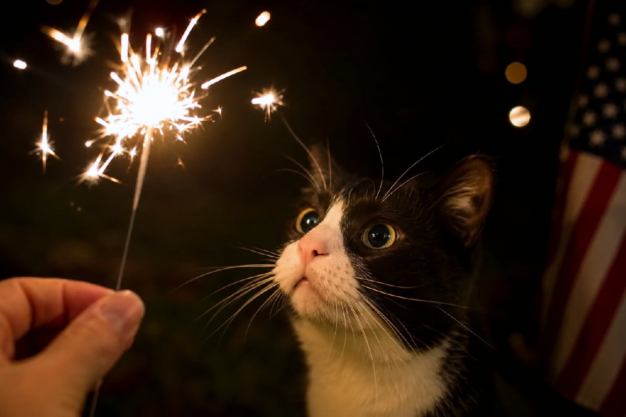 「きらきらパチパチ、これニャに？🥺🎇 おめめを真ん丸にして見つめるお顔がたまらない！🇺🇸🐾 #タキシード猫 #花火」Ultra-realistic high-quality photograph of a tuxedo cat with large round eyes staring curiously at a glowing sparkler held by a human hand. The warm light of the sparkler beautifully illuminates the black and white coat and whiskers in the dark, with a softly blurred US flag in the background giving a festive American vibe. 人間の手で持たれた輝く線香花火を、まん丸の大きな瞳で不思議そうに見つめるタキシード柄のハチワレ猫。暗闇の中で花火の暖かな光が黒白の被毛やピンと張ったヒゲをくっきりと浮かび上がらせ、背景には星条旗が柔らかくボケてアメリカの祝祭を感じさせます