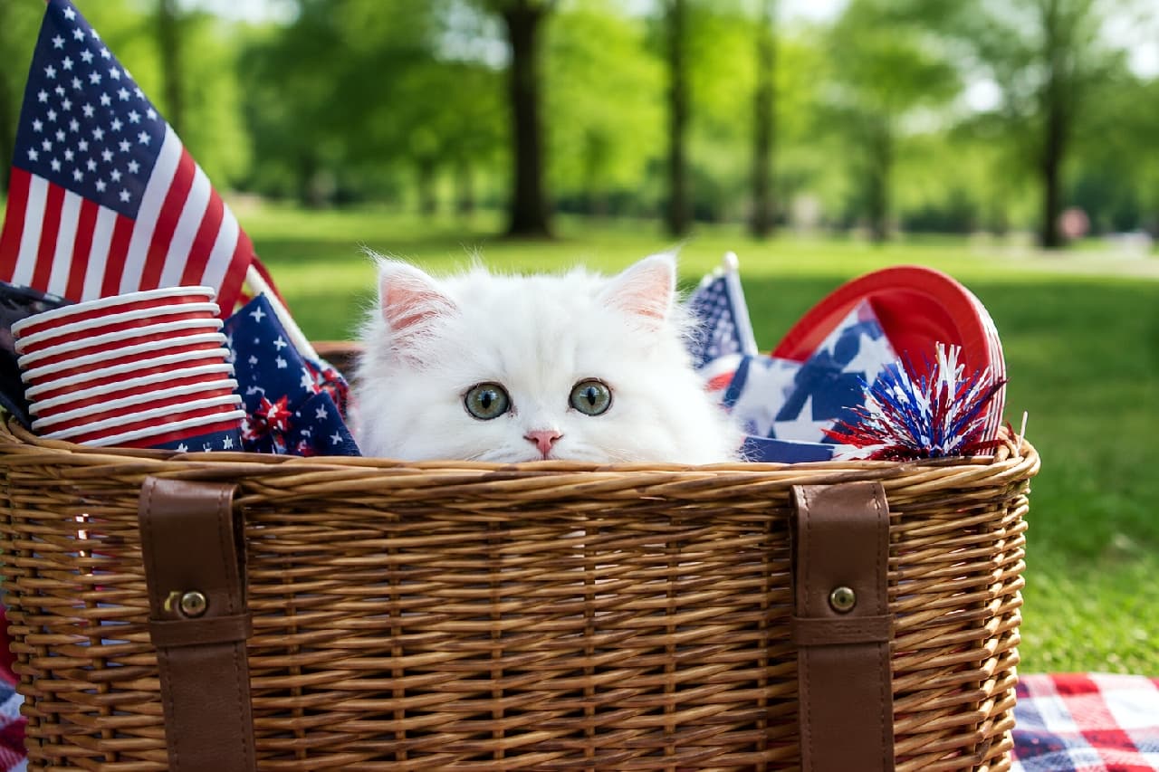 「ピクニックの準備はバッチリだニャ！🧺🇺🇸 バスケットの中からひょっこり、一緒にお出かけしたい人〜？🙋‍♀️🐾 #白猫 #ピクニック」Ultra-realistic high-quality photograph of a pure white Persian kitten peeking adorably out of a woven picnic basket in a lush green summer park. The kitten features beautiful large emerald green eyes and a tiny pink nose. The basket is filled with US flag-patterned paper cups, plates, and pinwheels, conveying the excitement of a festive holiday. 緑豊かな夏の公園で、籐編みのピクニックバスケットの中からひょっこりと顔だけを出している純白のペルシャ系の子猫。美しいエメラルドグリーンの大きな瞳とピンクの小さなお鼻が愛らしく、バスケットの中には星条旗模様の紙コップやプレート、風車がいっぱい詰まっており、祝祭の日のワクワク感が伝わってきます
