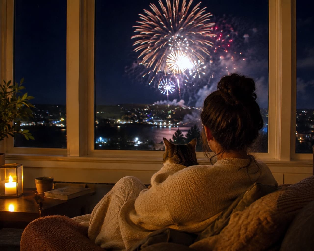 「ドーン！って大きな音がしても、ママの腕の中なら安心ニャ🐱🎆 一緒に見る花火は特別だね💕 #キジトラ #花火デート」Ultra-realistic high-quality photograph of a mackerel tabby cat cuddled in a woman's arms, looking out a large window at spectacular fireworks in the night sky. The cozy room is lit by warm candlelight, contrasting with the dynamic fireworks and beautiful city nightscape reflecting on the water, capturing a deeply intimate summer night. 暖かいキャンドルの光が灯る室内の窓辺で、女性の腕の中に抱かれたキジトラ猫（マッカレルタビー）が一緒に夜空の大きな花火を見上げている後ろ姿。窓の外には美しい街の夜景と水面に反射するダイナミックな花火が広がり、飼い主と愛猫の親密でドラマチックな夏の夜の時間を切り取っています
