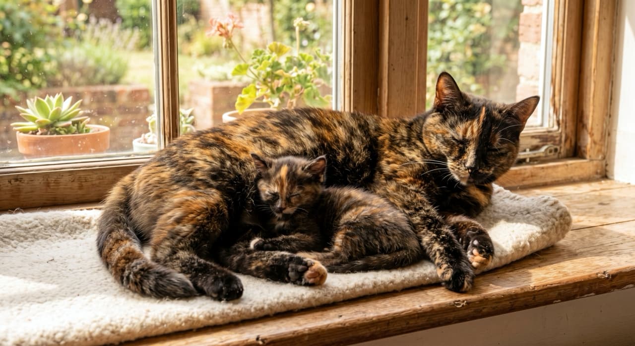 「仲良くお昼寝中のサビ猫親子💤 ぴったりくっついて眠る姿から、あたたかい家族の愛情が伝わってきますね🌿 見ているだけで癒される至福の光景です🐾」An ultra-realistic high-quality photograph of a tortoiseshell mother cat and her kitten sleeping soundly together on a fuzzy mat upon a rustic wooden window sill. Their coats are a highly detailed mixture of black and orange with no tabby stripes. Sunlight streams through the window, highlighting the potted plants and peaceful garden outside, emphasizing a warm and cozy atmosphere. 木枠のアンティークな窓辺に敷かれたマットの上で、ぴったりと寄り添って眠るサビ猫の親子。黒とオレンジがランダムに混ざり合う縞模様のない美しい被毛が、暖かな日差しに照らされています。背景には多肉植物や穏やかな庭の風景が広がり、親子の深い絆と平和な午後のひとときを感じさせます